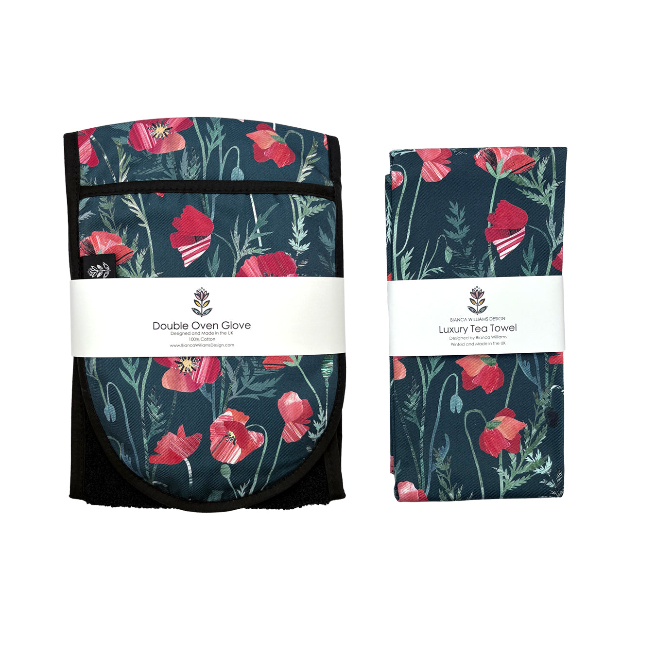 Set of Poppy floral patterned kitchen items including an oven glove and tea towel on a white background.
