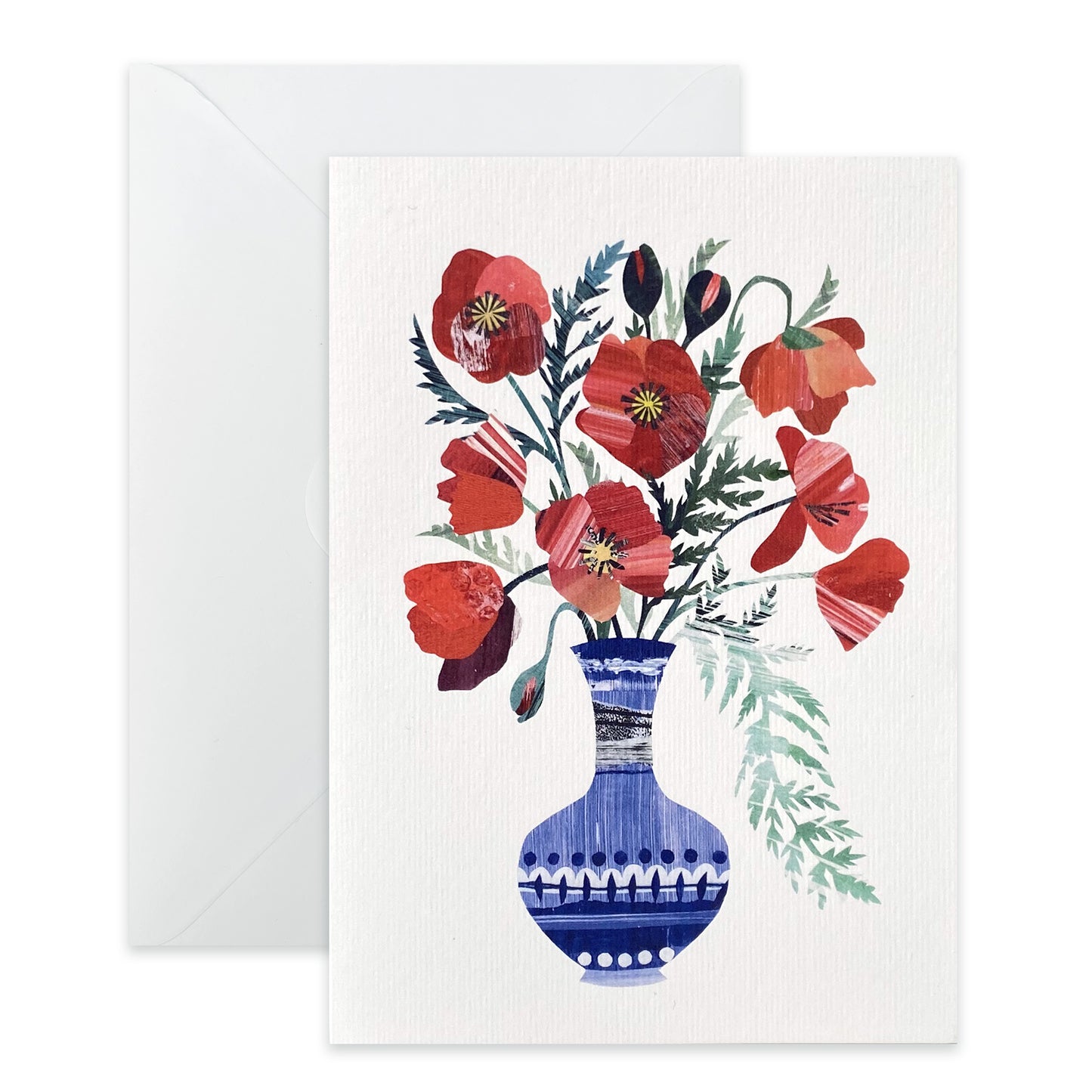 White Greeting card with Poppies in a blue Vase and a white envelope on a white background.