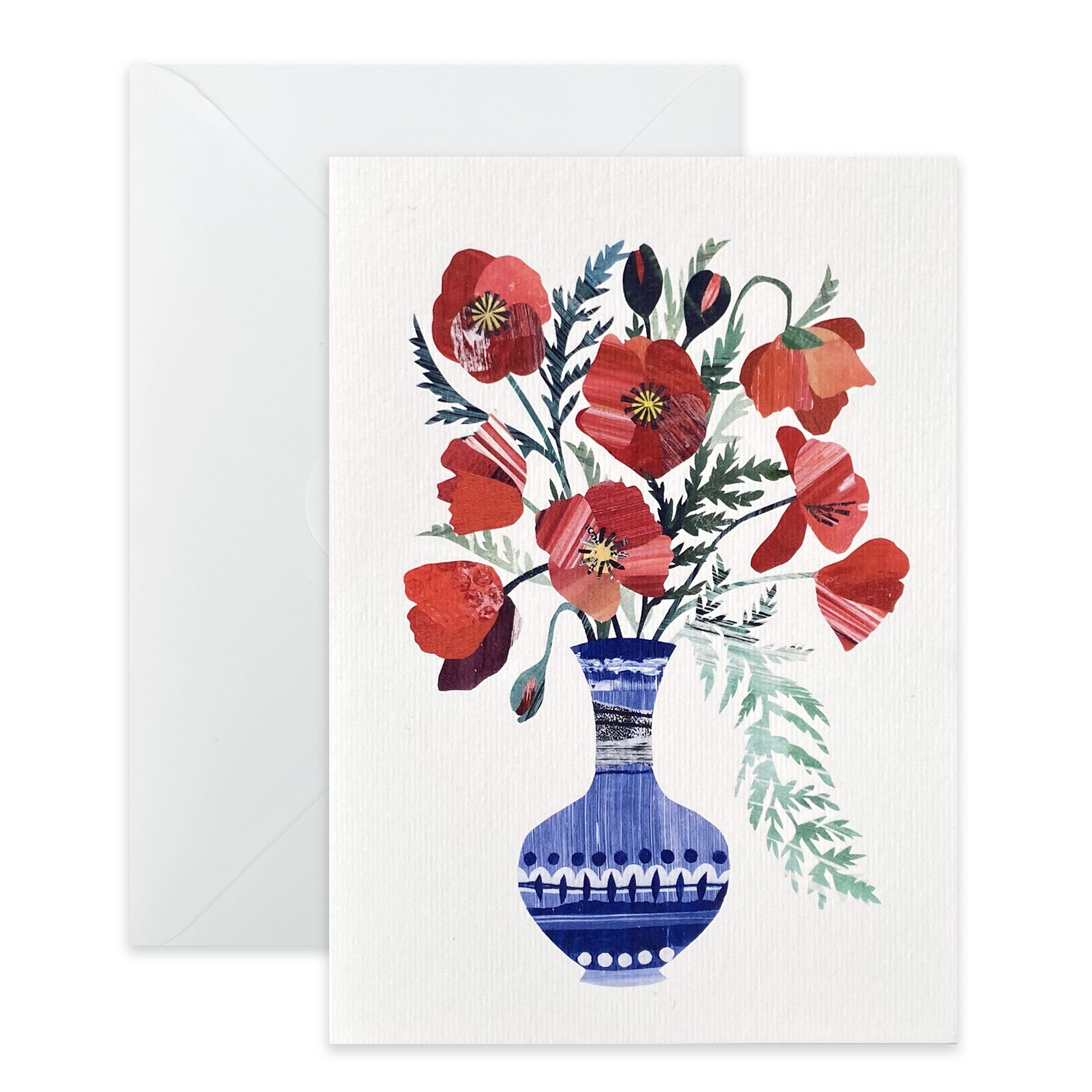 White Greeting card with Poppies in a blue Vase and a white envelope on a white background.