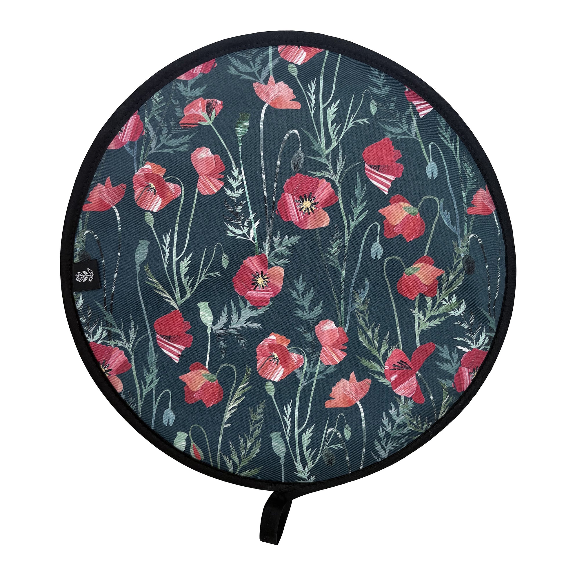 A Poppy Hob cover has been placed on a plain white background.  It features a pretty red poppy pattern with green textured leaves on a dark green background.