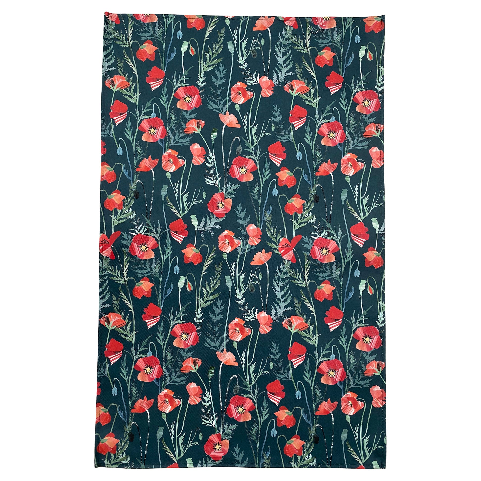 A opened out Poppy Tea Towel featuring pretty Red Flowers with green leaves on a Dark Green background has been placed on a white background.