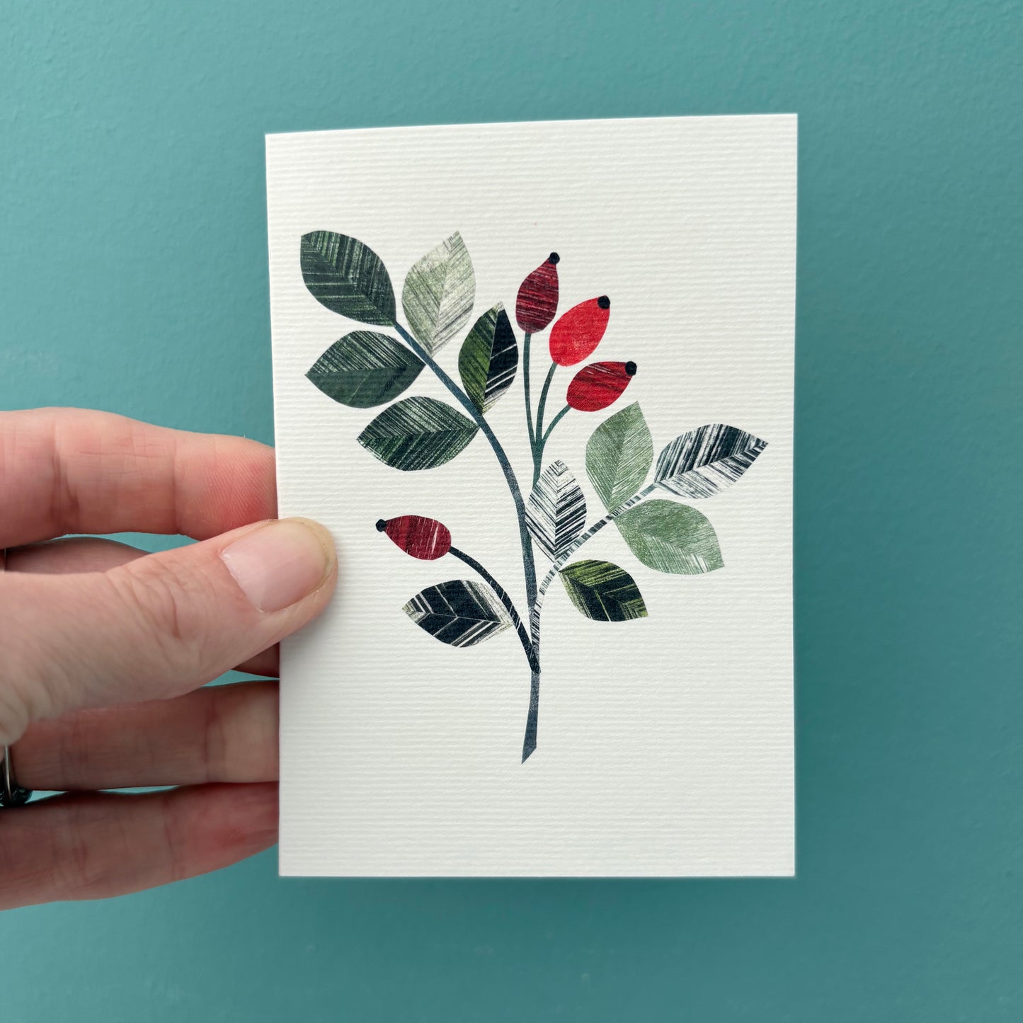 Hand holding a card with a textured Rosehip design on a white card against a teal wall.
