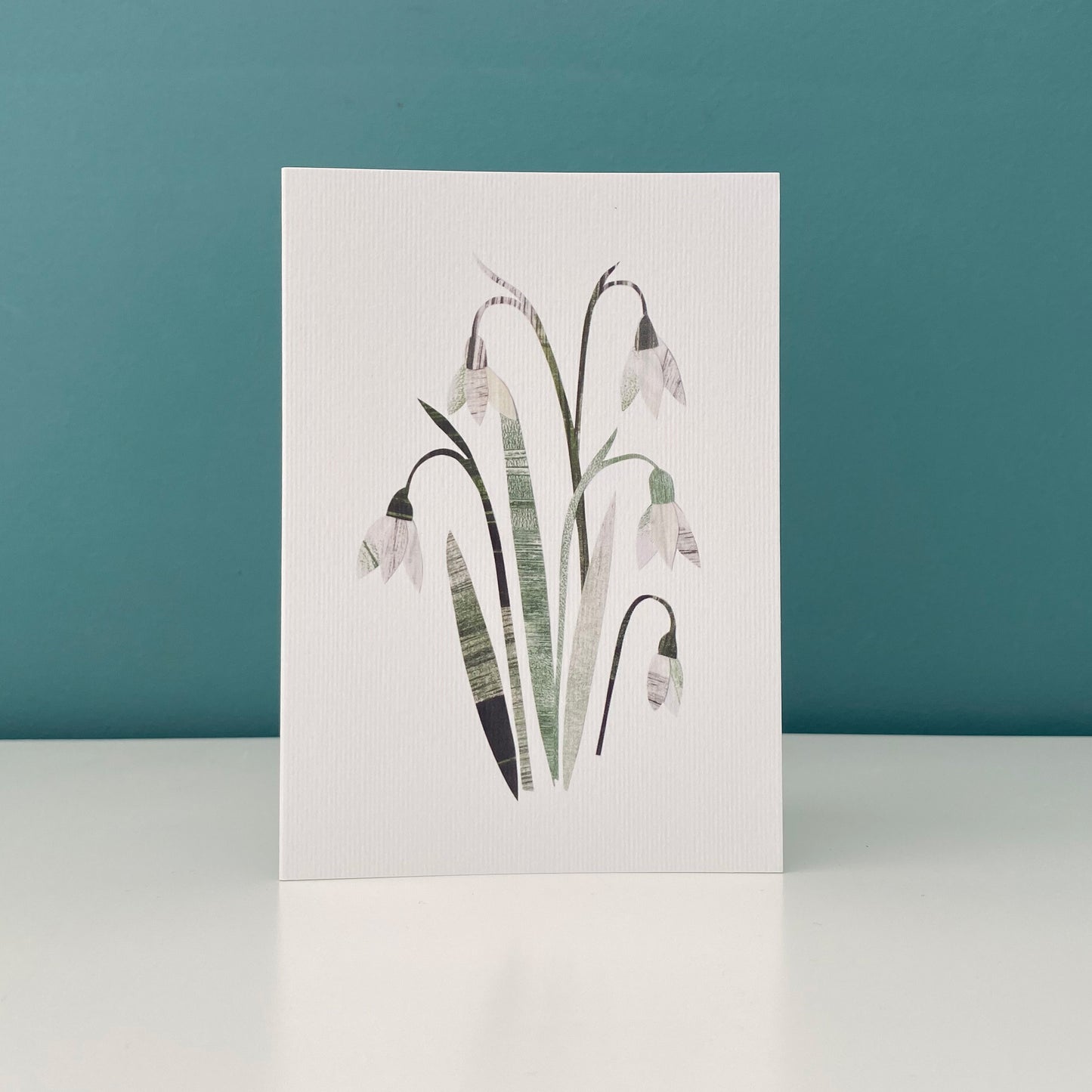 Snowdrop Greeting card featuring pretty cream and white snowdrop flowers with green leaves has been stood on a white shelf against a blue green wall.