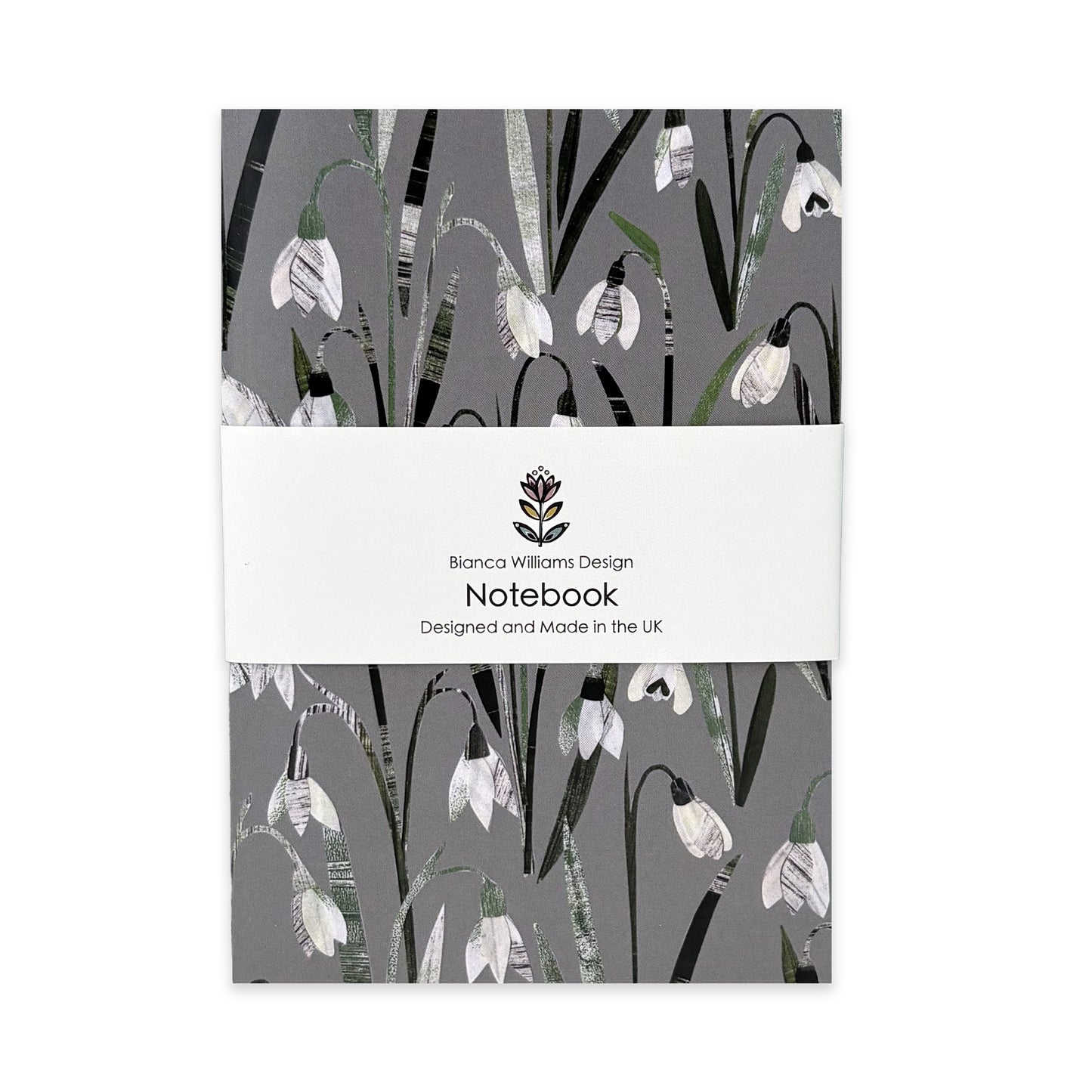A Snowdrops Notebook has been placed on a white background.