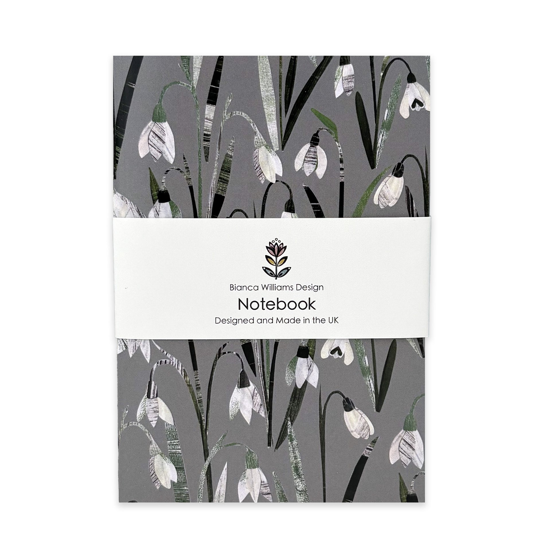 A Snowdrops Notebook has been placed on a white background.