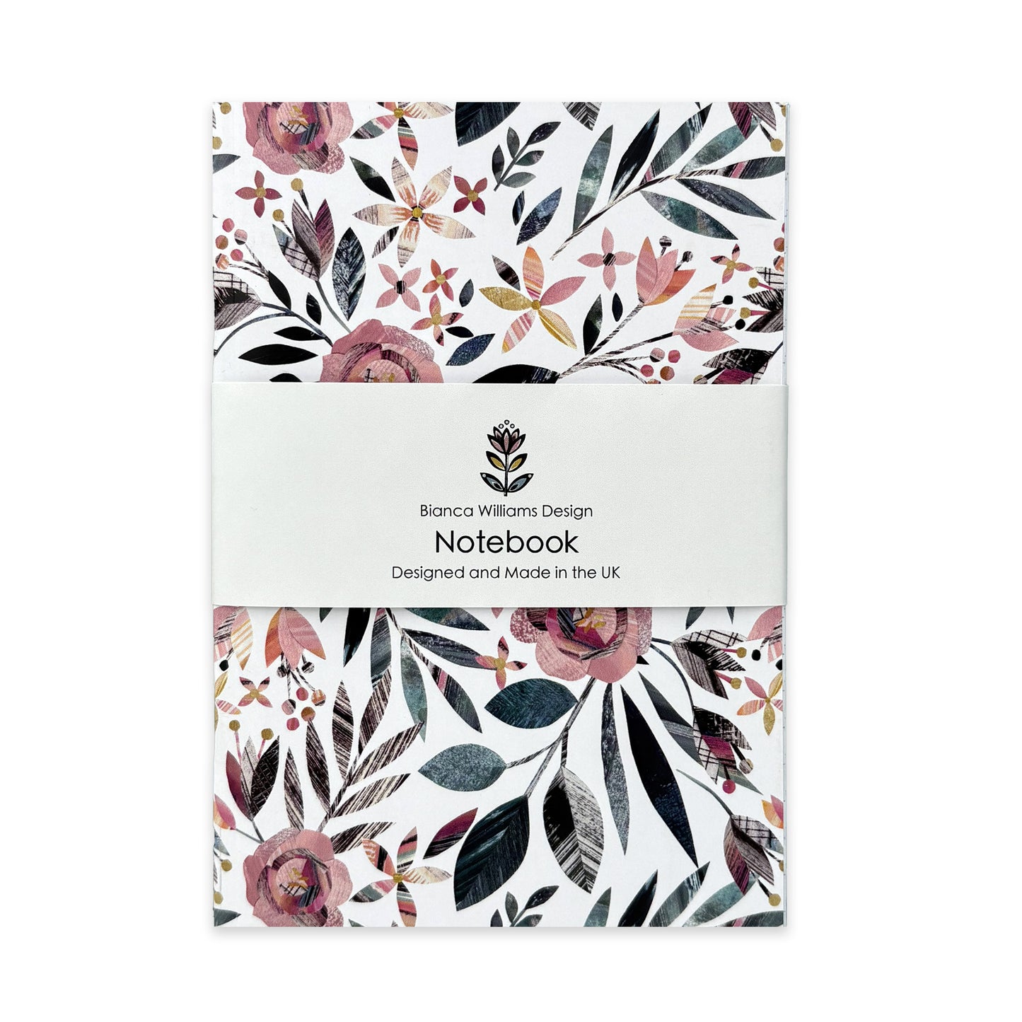 A Summer Floral Notebook has been packaged in a branded belly band and has been placed on a plain white background.