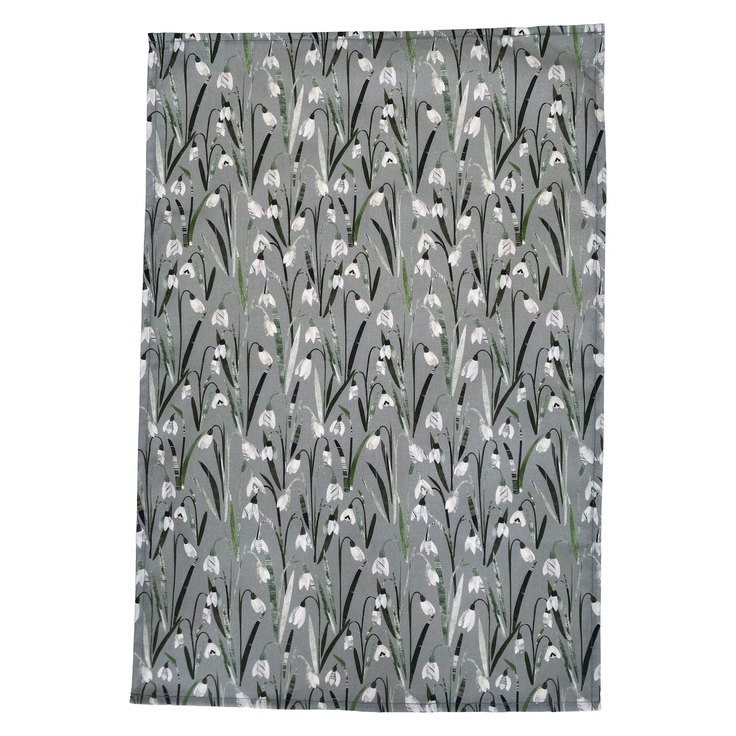 A full Snowdrops Tea Towel featuring Snowdrops in Cream and white with green leaves and a soft Sage Green background.   The tea Towel has been placed on a plain white background.