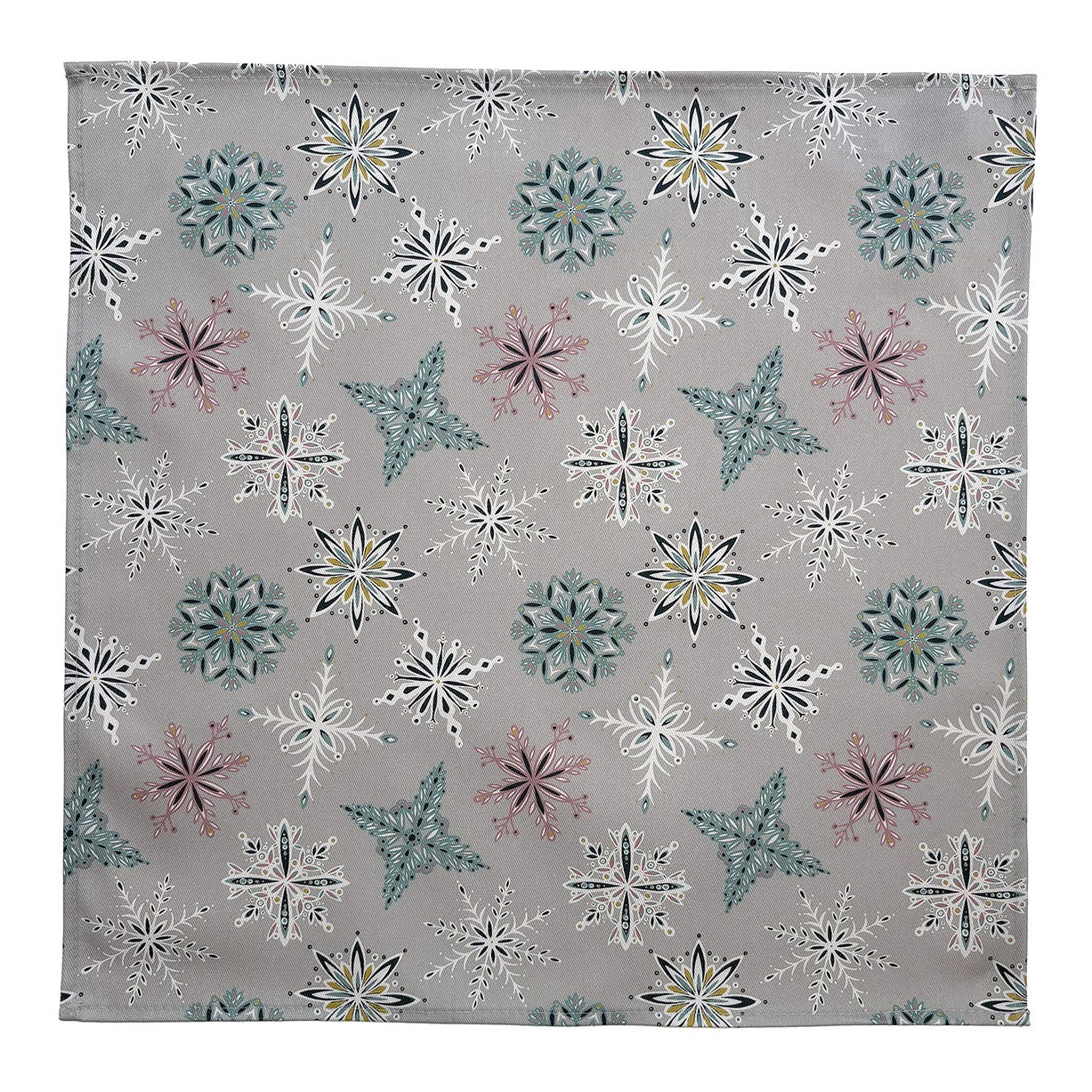 A grey Snowflake Napkin has been opened out so you can see the pattern and it has been placed on a white background.