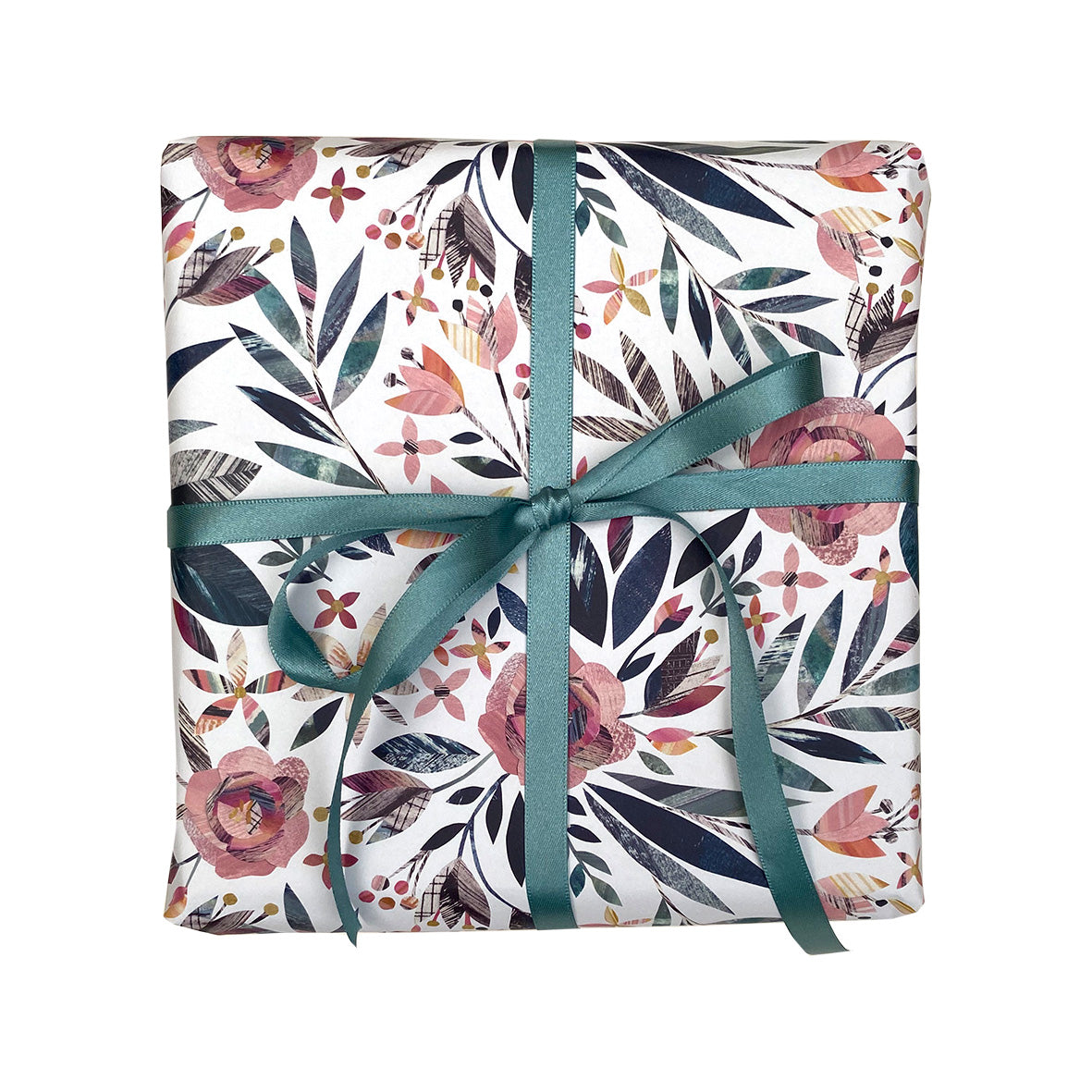 A present has been wrapped in the Summer Floral wrapping paper featuring dusky pink roses with green leaves. It has been tied with coordinating green silk ribbon in a bow.  The present has been placed on a plain white background.