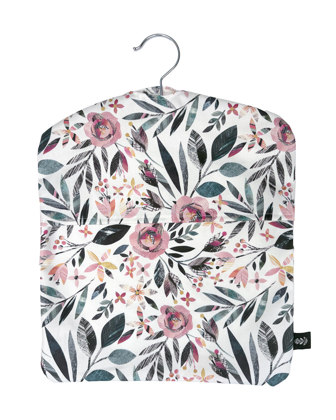 A Summer Floral peg bag has been placed on a white background.  You can see the metal hook coming out of the top and a black brand label has been sewn into the outside seam.
