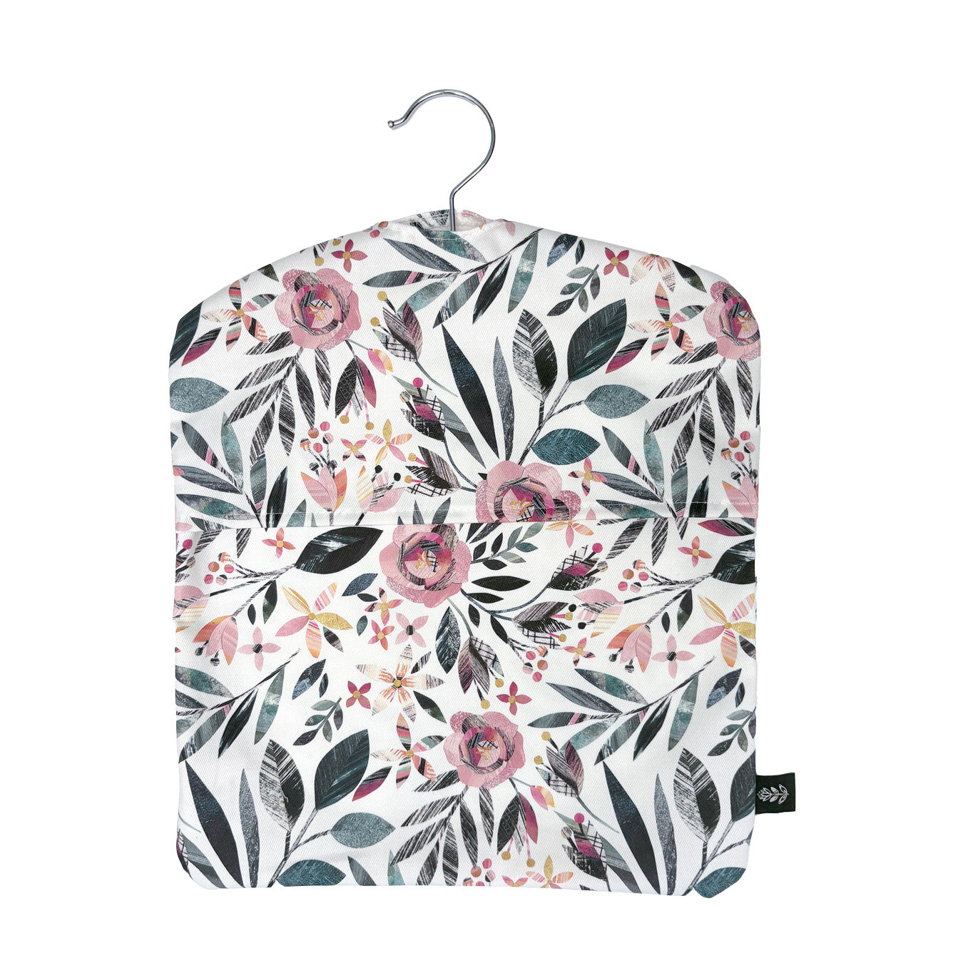 A Summer Floral peg bag has been placed on a white background.  You can see the metal hook coming out of the top and a black brand label has been sewn into the outside seam.