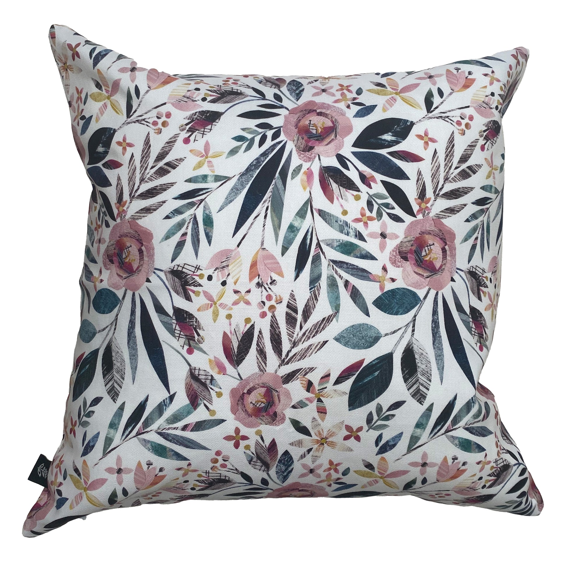 Summer Flowers Square Cushions 45 x 45 cm. It features a Pink and green texture floral pattern on a plain white background. Reminiscent of an English Country Garden. The Cushion has been placed on a plain white background. Bianca Williams Design Brand Label has been sewn into the outside edge of the cushion.