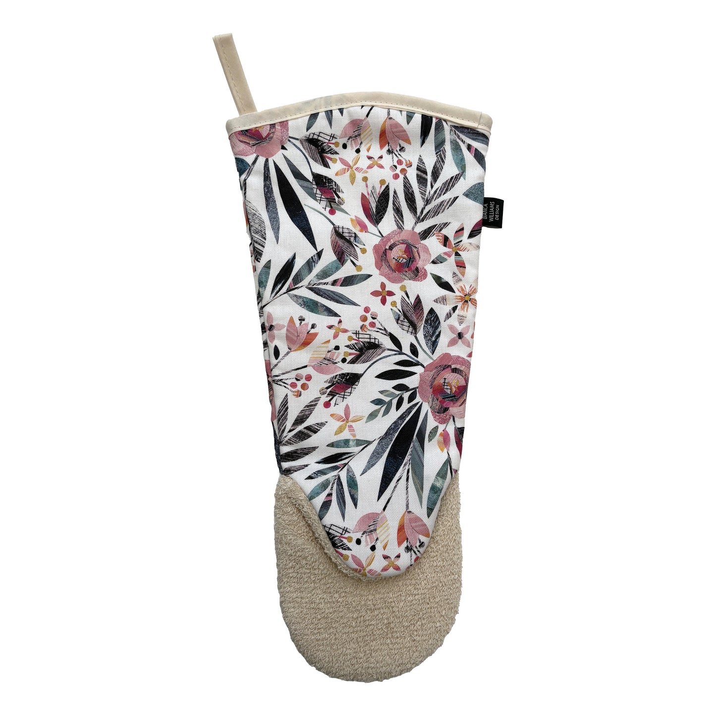 The reverse of a Summer Floral long Oven Mitt can be seen on a plain white background.  You can also see the ecru towelling protection on the pad of the hand.