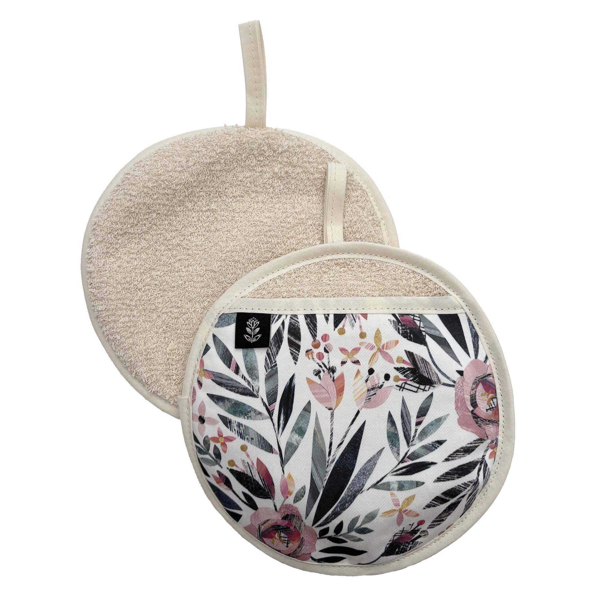 The front and back of a Summer Floral Pot holder have been placed on a white background.