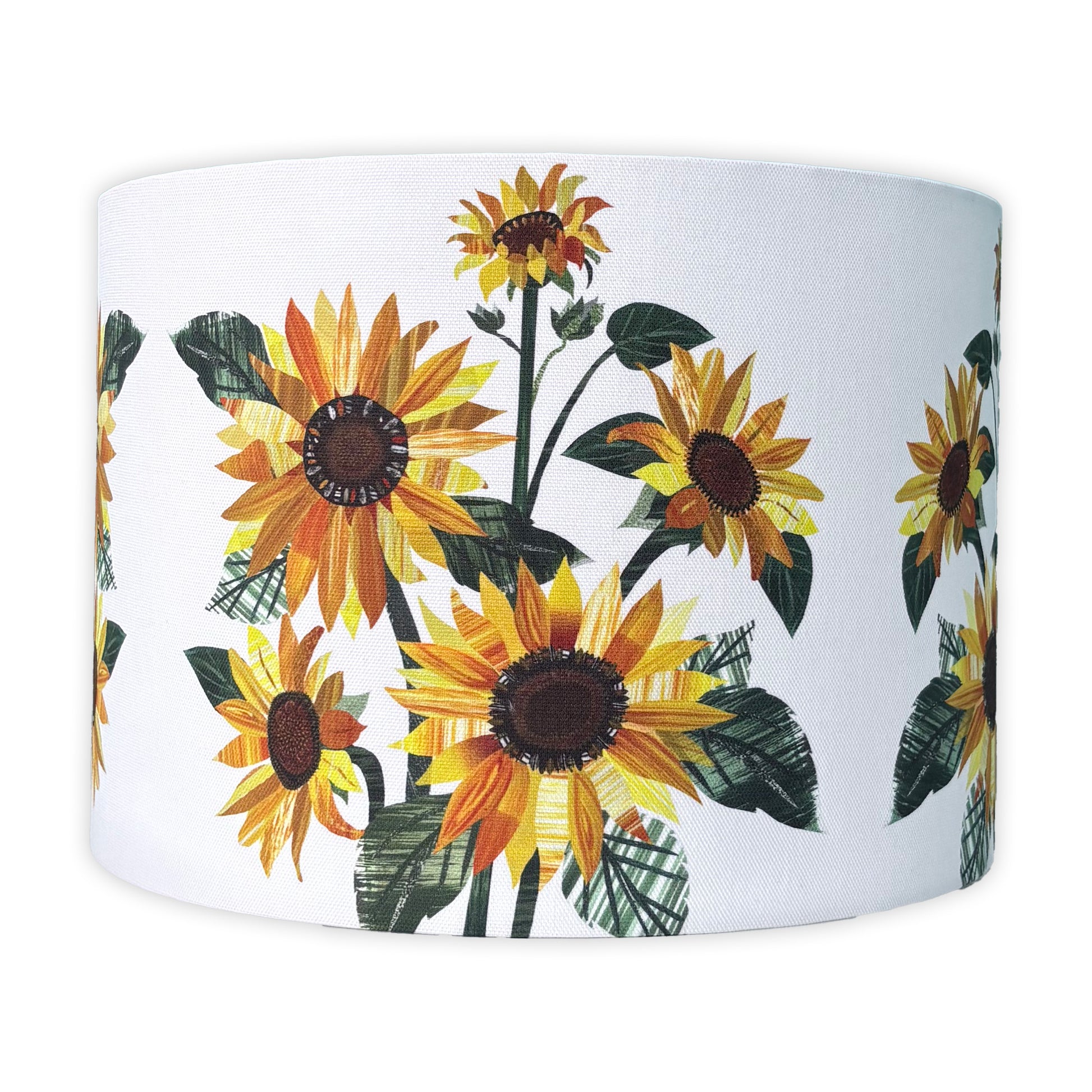 White lampshade with sunflower pattern on a white background.