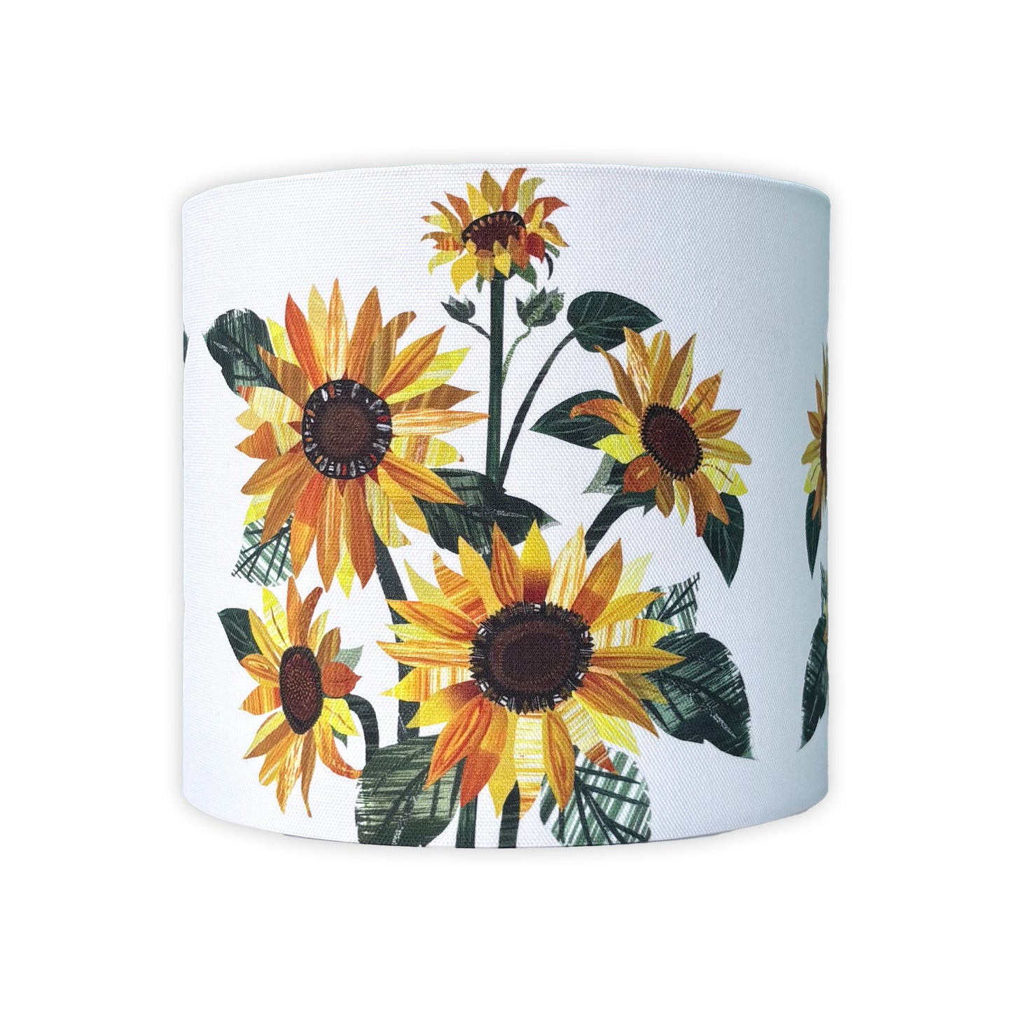 A small cylindrical lampshade with sunflower pattern on a white background.