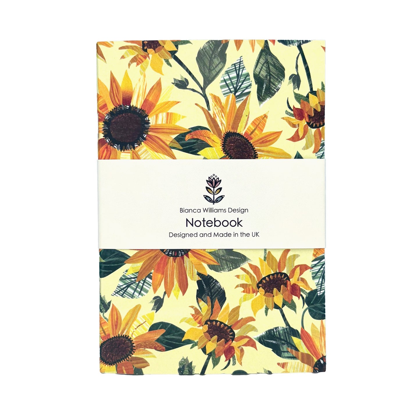 A Sunflower notebook packed in a branded white belly band has been placed on a white background.