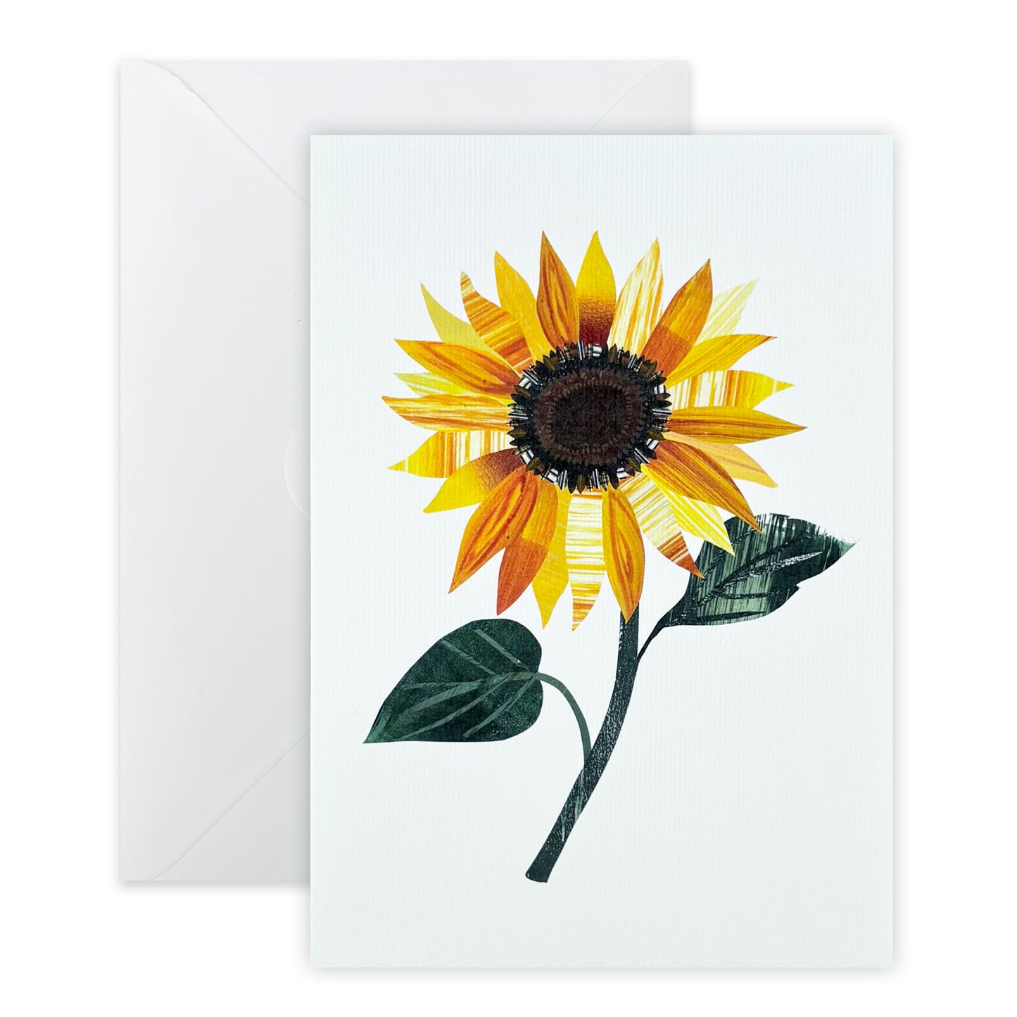 Greeting card with a sunflower design and a white envelope on a white background.
