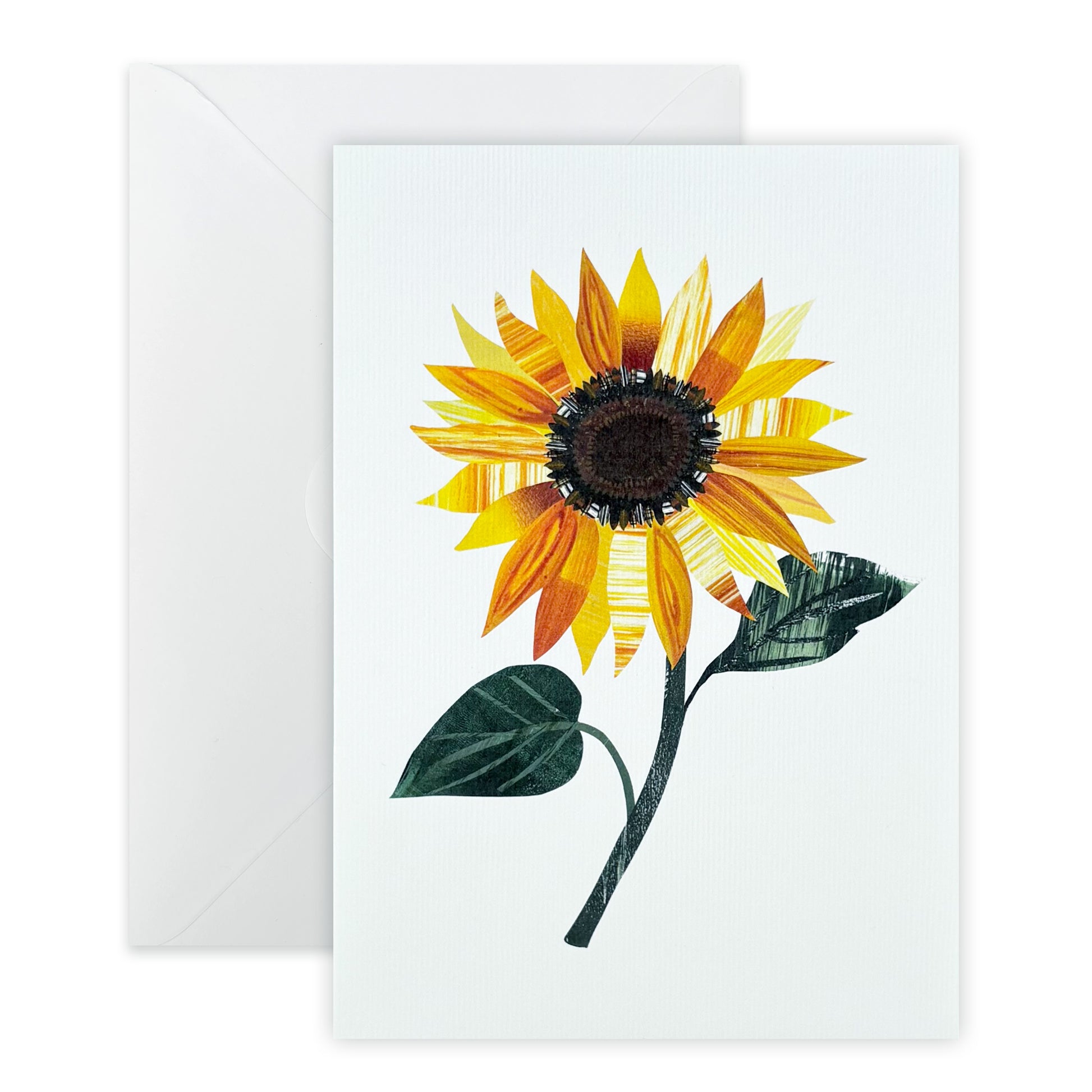 Greeting card with a sunflower design and a white envelope on a white background.