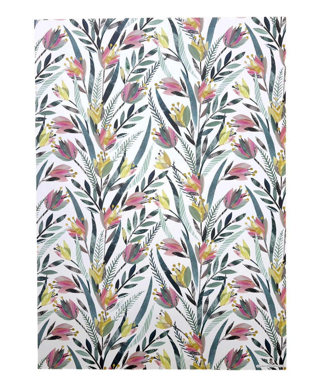 A whole sheet of the colourful tulips gift wrap has been placed flat on a white background.