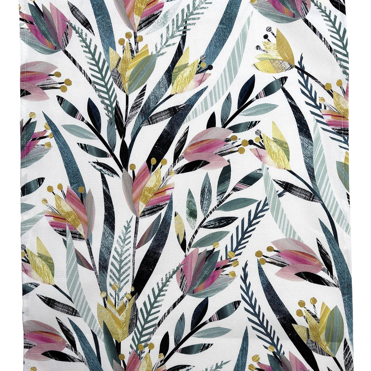 Tulip Floral patterned table runner with pink, yellow, and green flowers on a white background.