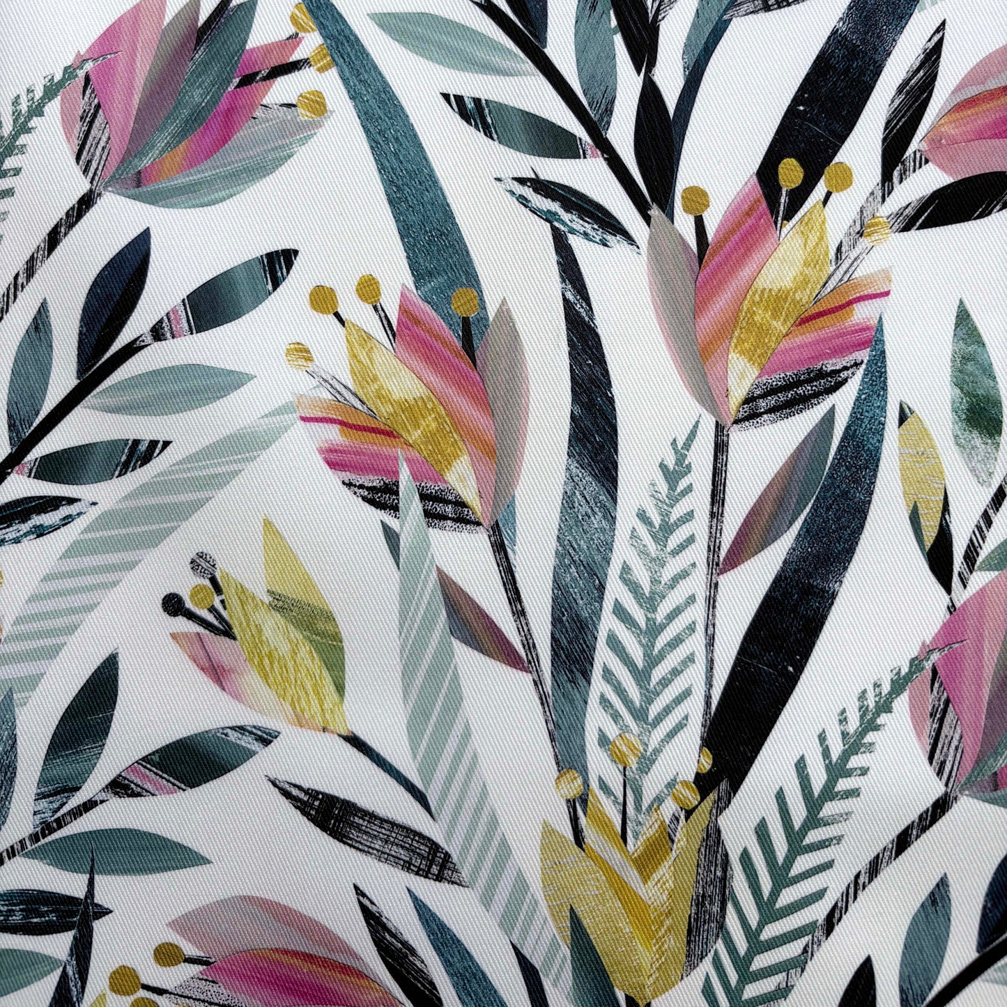 Floral tulip pattern with colourful leaves and flowers on a white background.