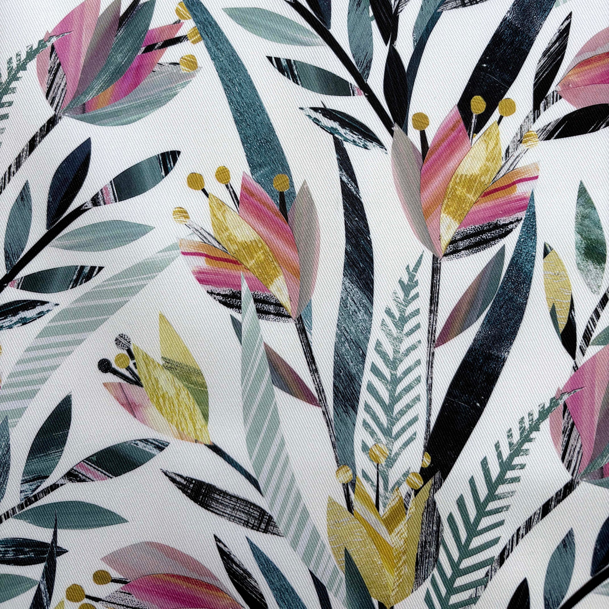 Floral tulip pattern with colourful leaves and flowers on a white background.