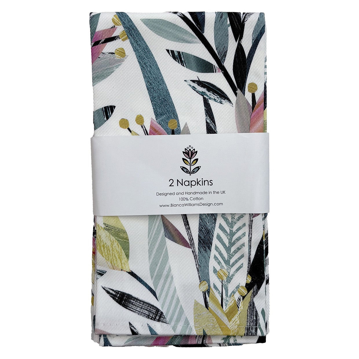 Two tulip napkins folded up and packaged in a branded belly band and placed on a white background.