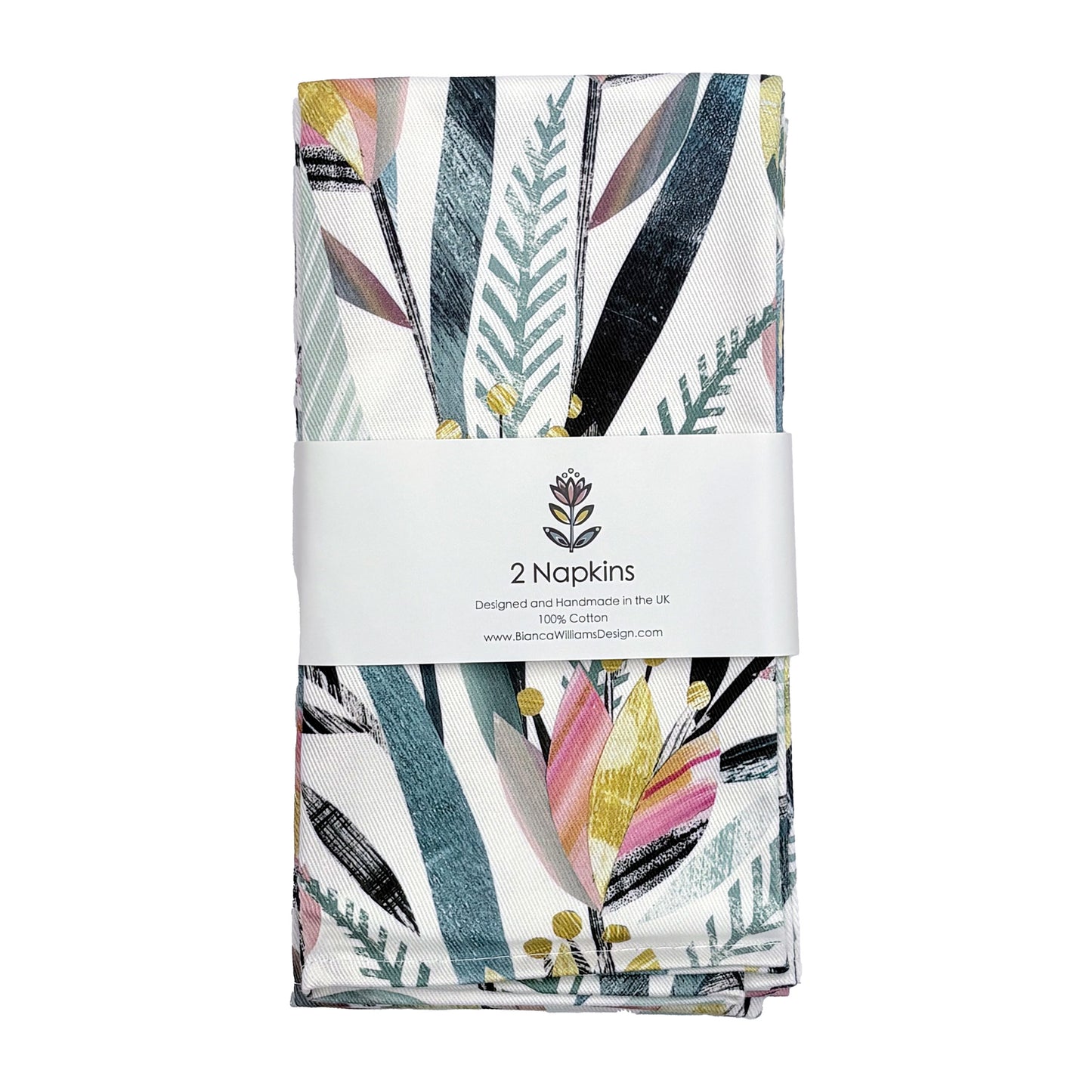 Pack of 2 napkins with a colourful tulip floral pattern on a white background.