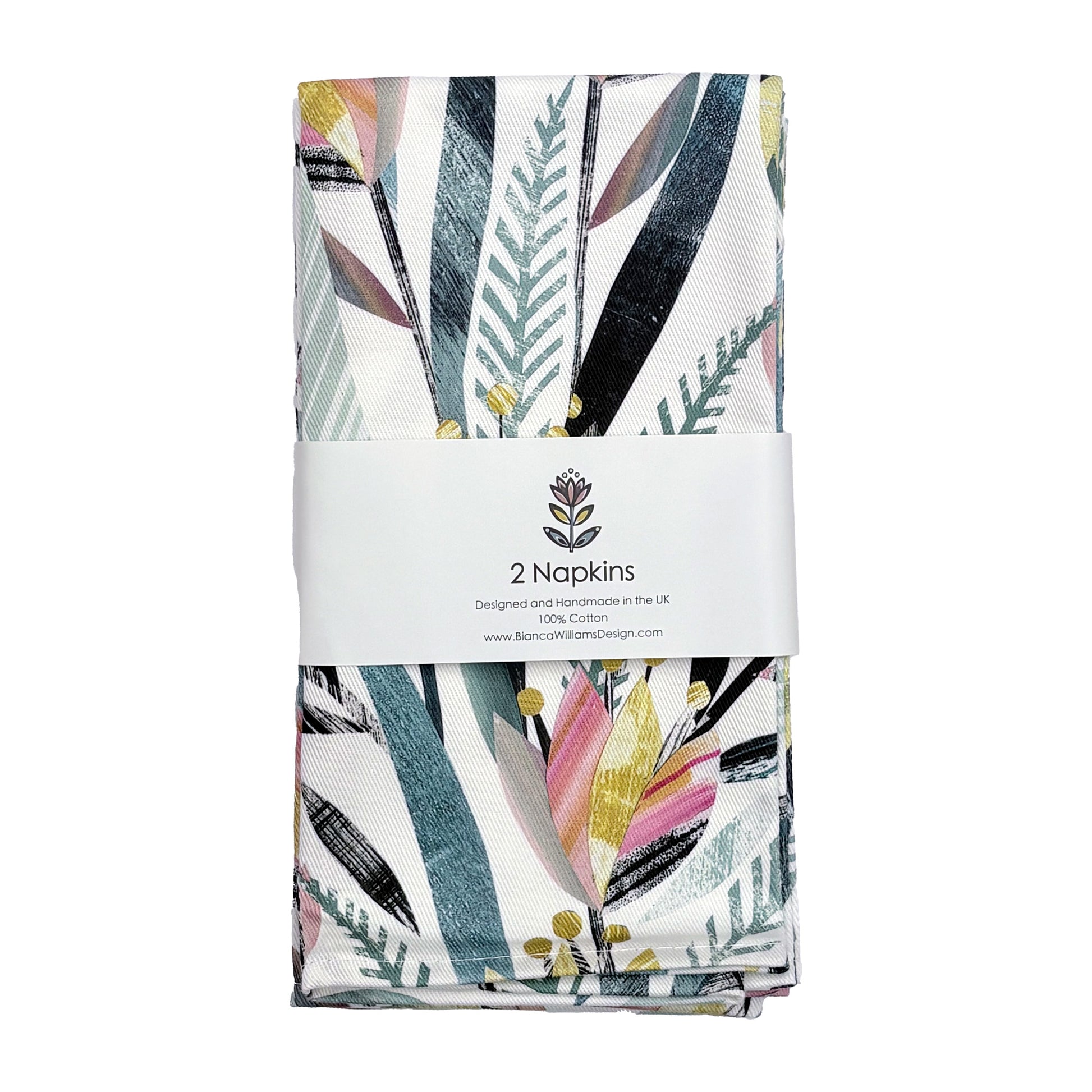 Pack of 2 napkins with a colourful tulip floral pattern on a white background.