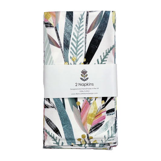 Pack of 2 napkins with a colourful tulip floral pattern on a white background.