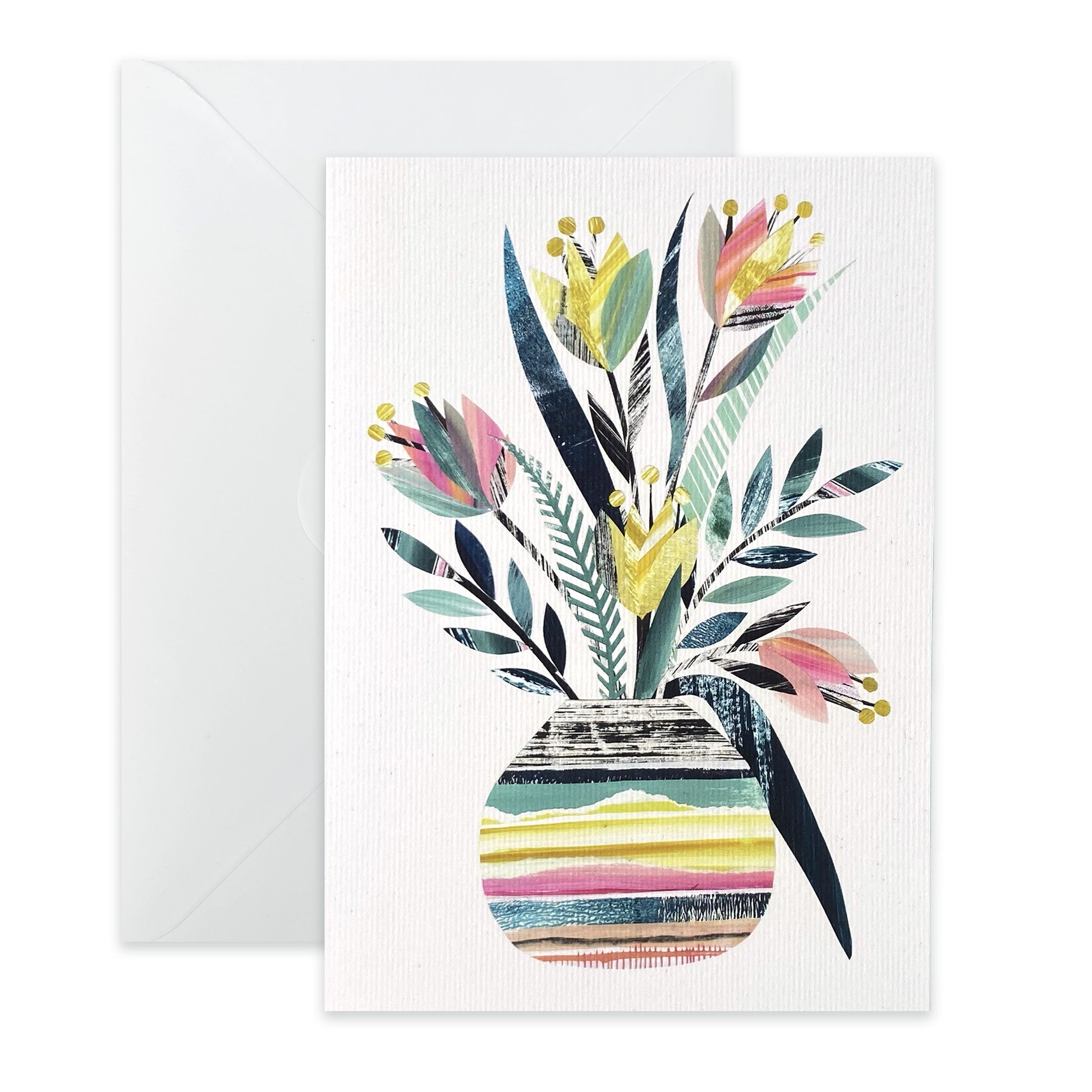 Greeting card with a colourful vase and floral design on a white background.