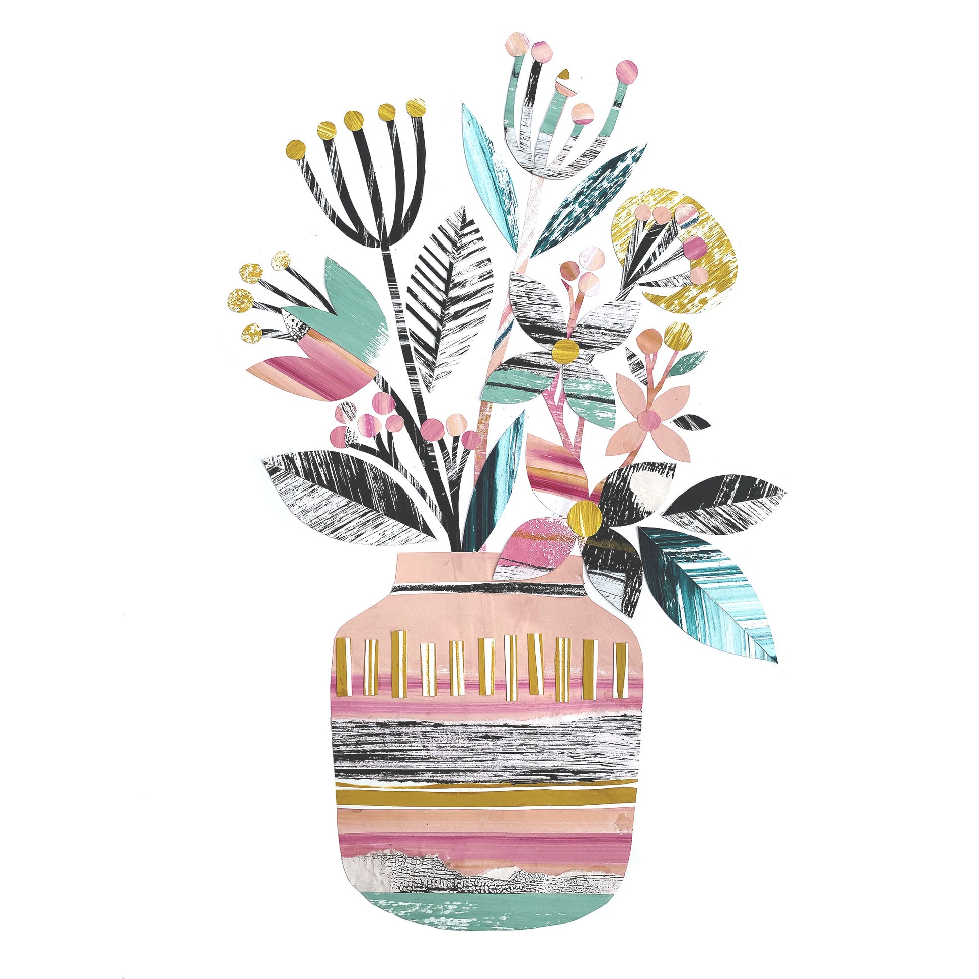 Colorful vase with abstract floral design on a white background.