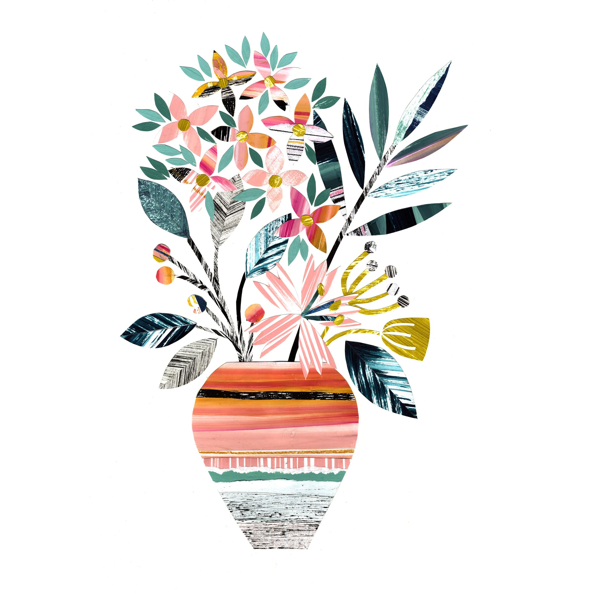 Colourful vase with floral design on a off white background.