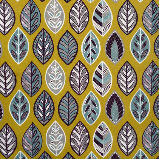 Yellow Beech Leaf fabric features simple leaf motifs in white, blue, aubergine and grey on a yellow background.