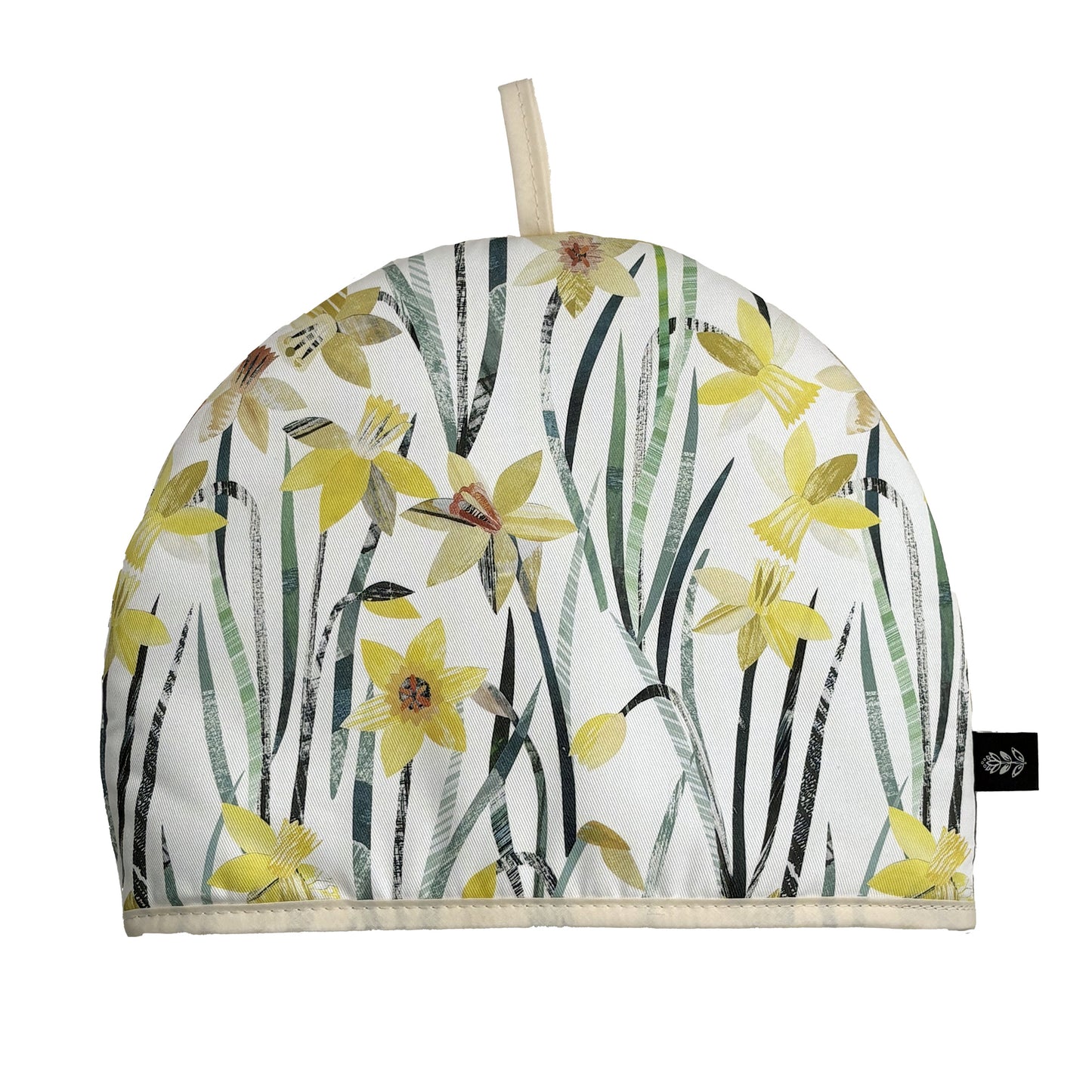 Tea cozy with a yellow daffodil floral design on a white background.