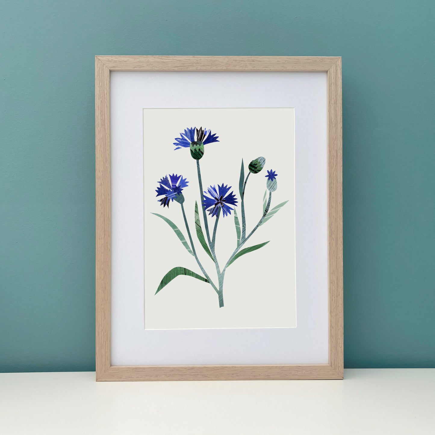 Framed artwork of a blue Cornflower on a teal wall.