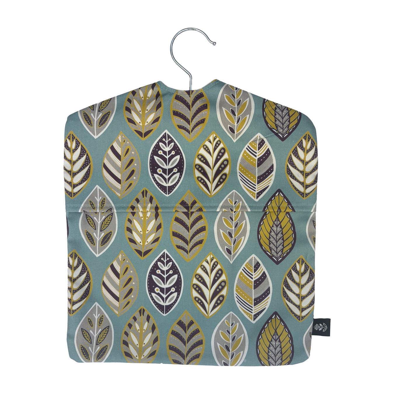 A Blue leaf peg bag has been placed on a white background.  You can see the metal hook coming out of the top and a black brand label has been sewn into the outside seam.
