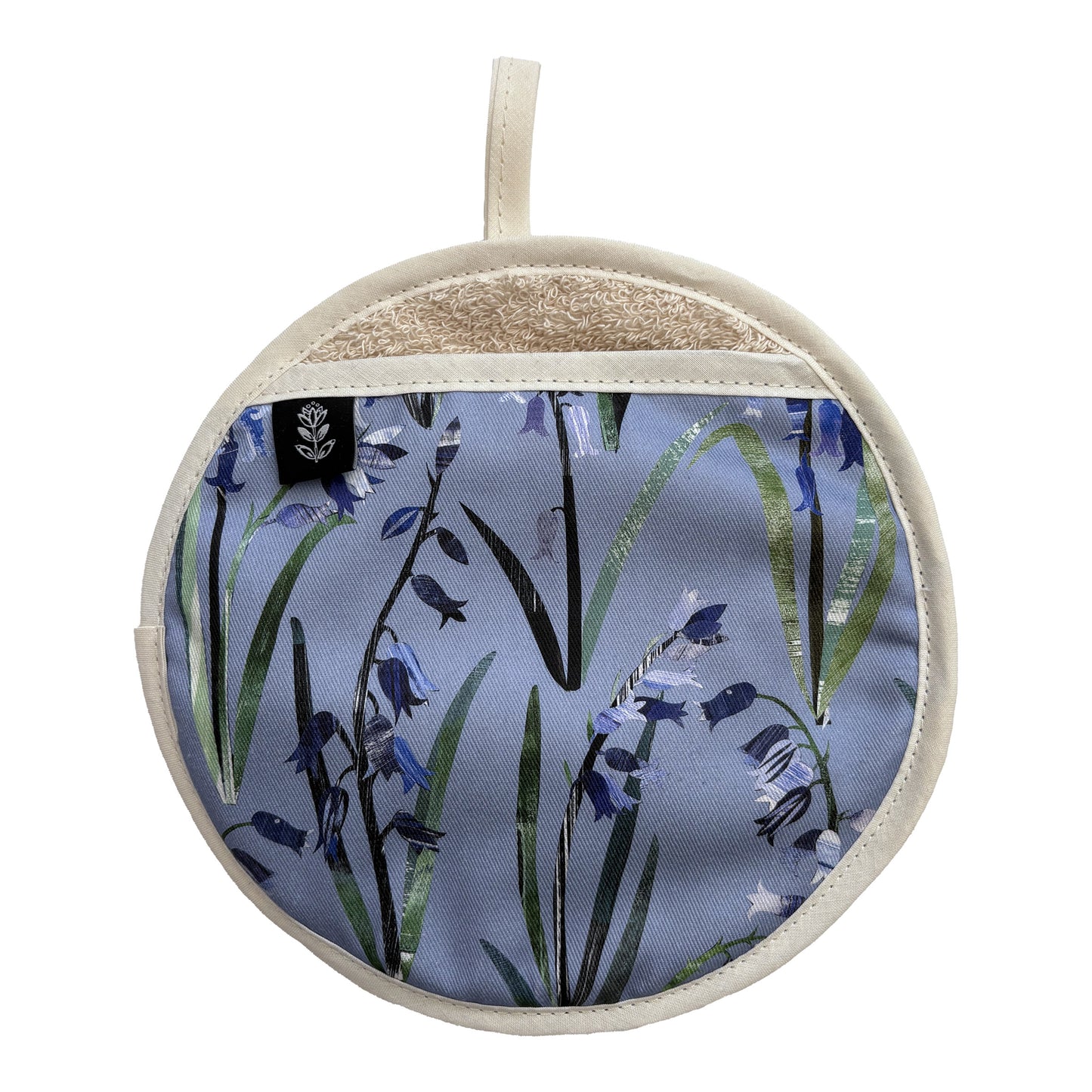 Light Bluebell pot holder with ecru bias binding and towelling, with hanging loop placed on a white background.