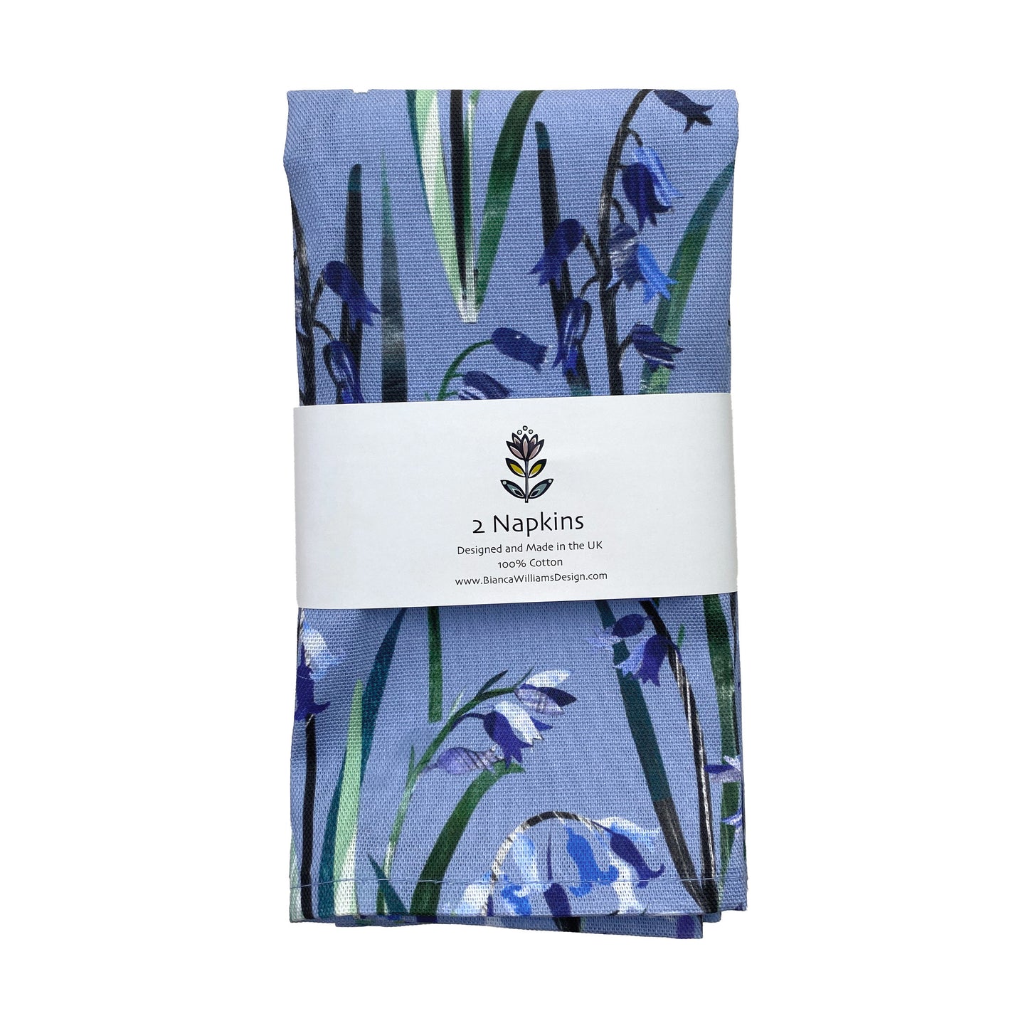 Pack of two napkins with bluebell floral design on a white background