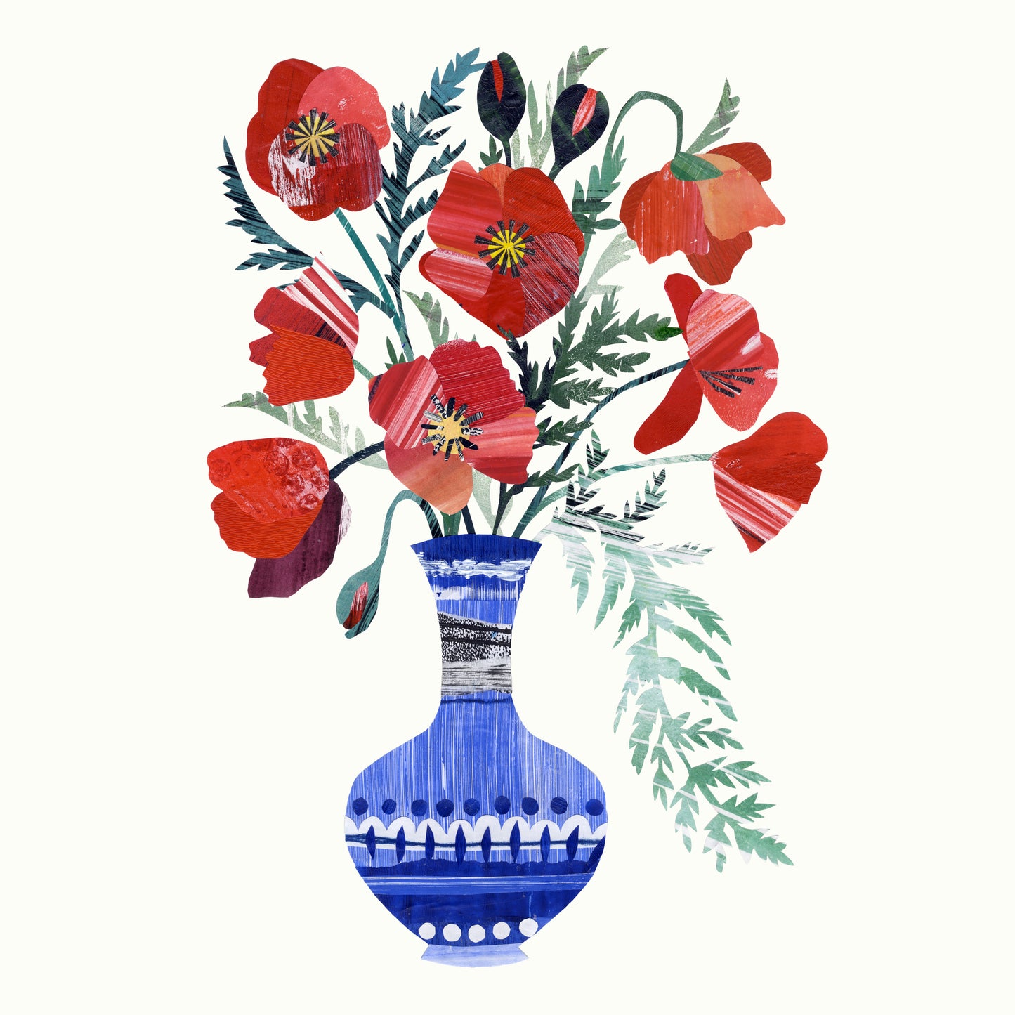 A print of an original collaged artwork of Red Poppies in a blue vase, on an off white back ground.