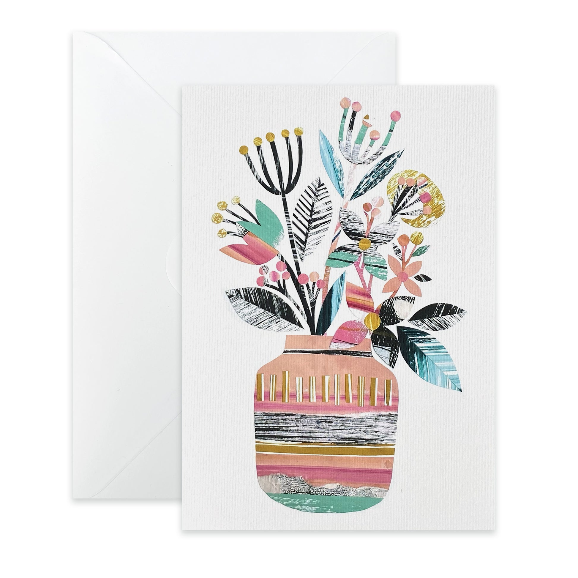 Colourful abstract seed pods in a Vase on a white Greeting card has been placed on a white background with a white envelope.