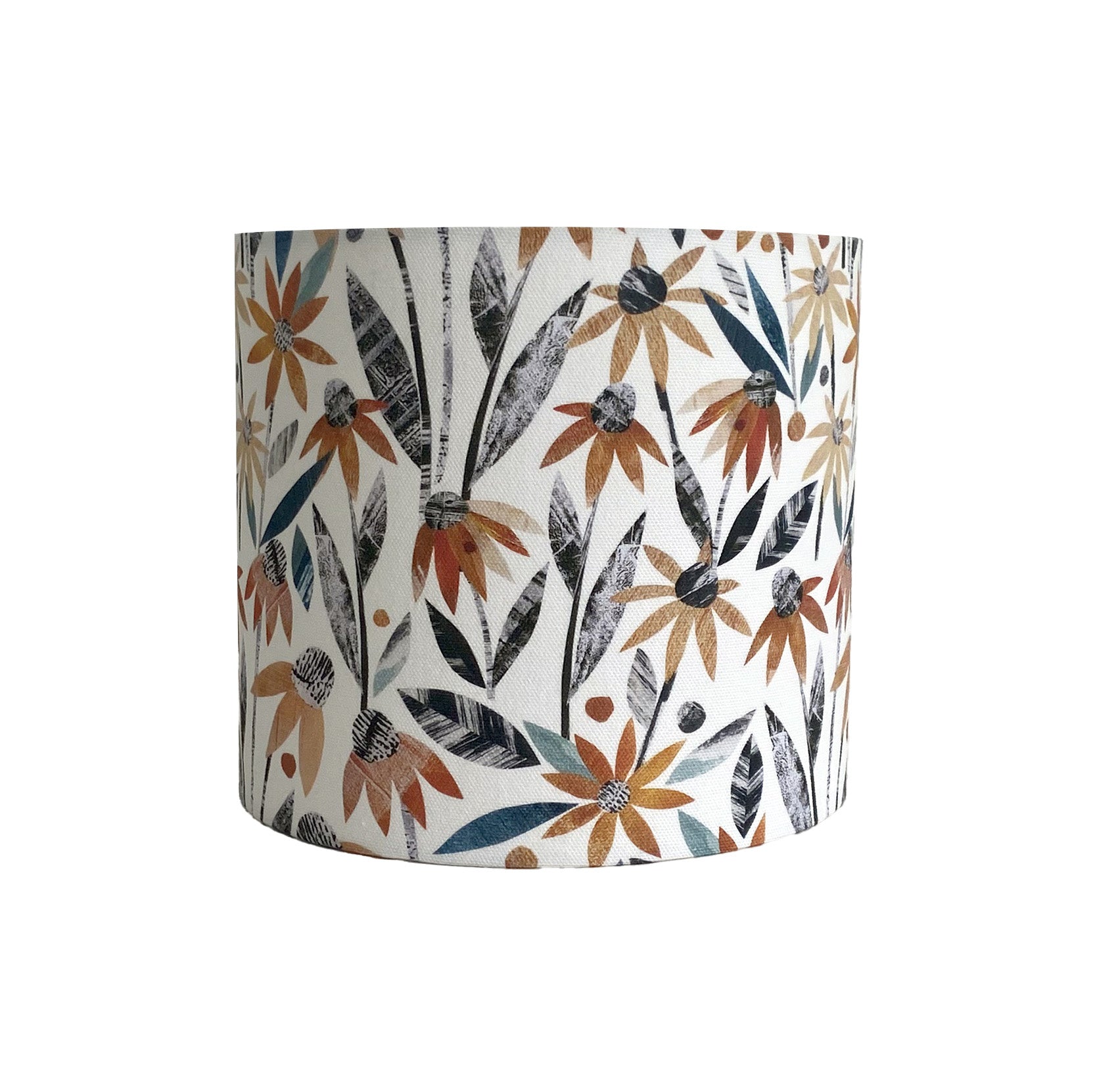 Small Autumn floral lampshade featuring pretty orange rudbeckia flowers with green and dark grey leaves on a white background.