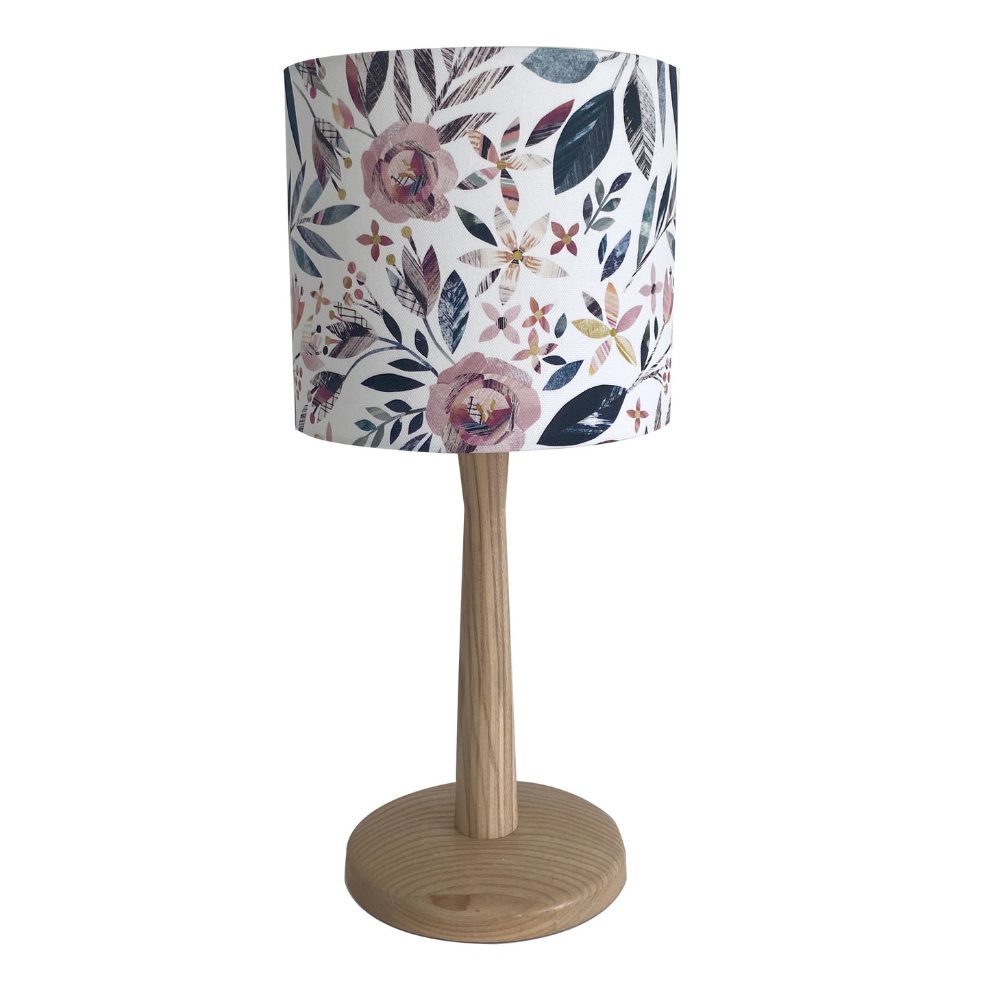 Small Summer Floral Lampshade with a wooden lamp base on a plain white background.