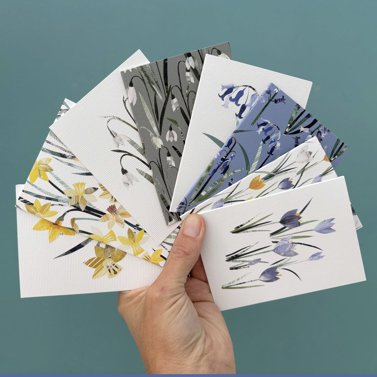 Hand holding a collection of floral postcards against a teal background.