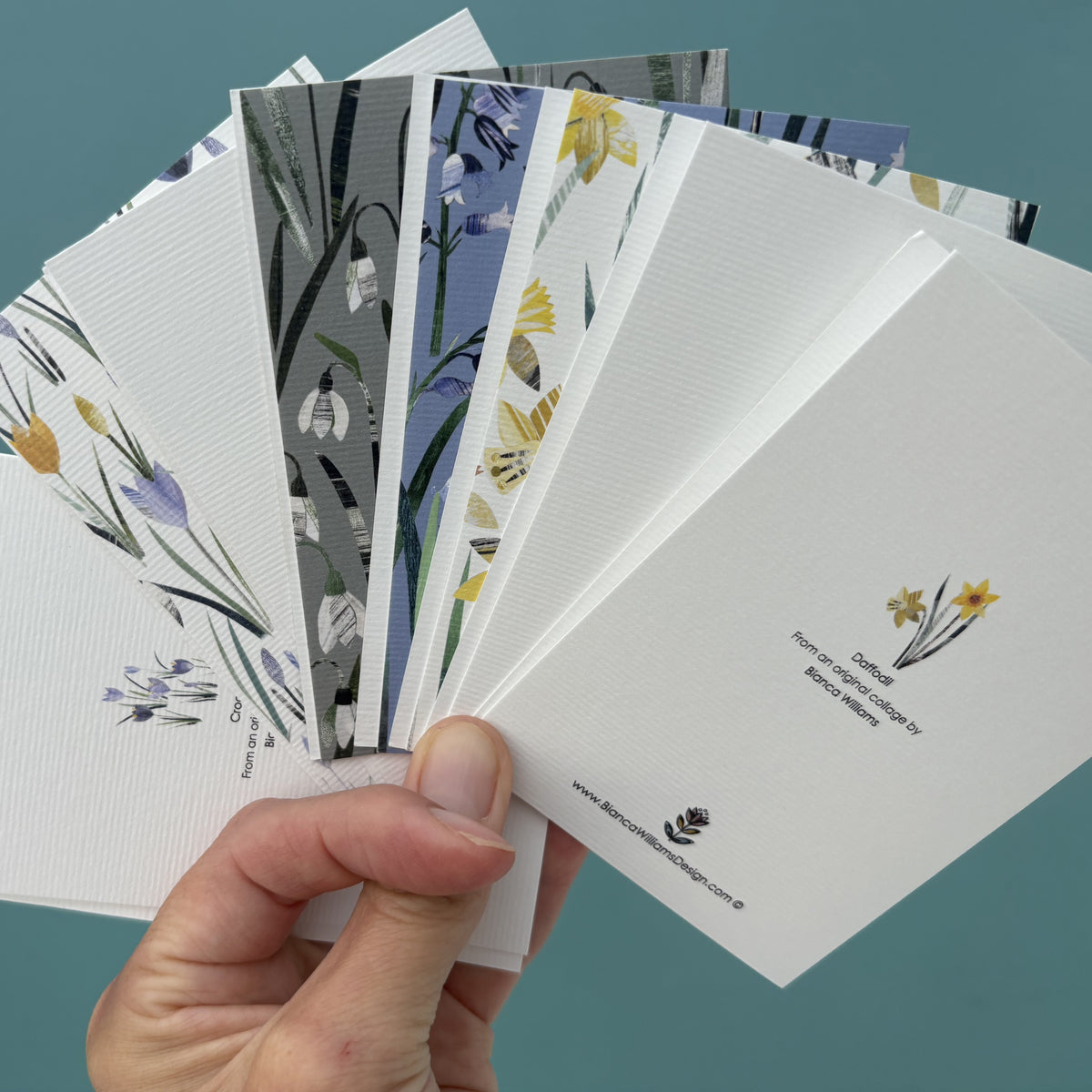 Hand holding a selection of floral and abstract patterned cards against a teal background
