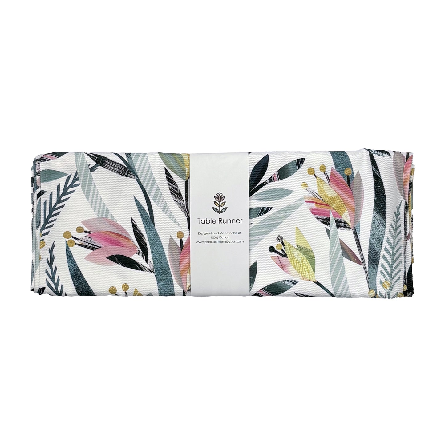 Colourful Tulip Floral patterned table runner packaged in a white belly band with brand logo on a white background.