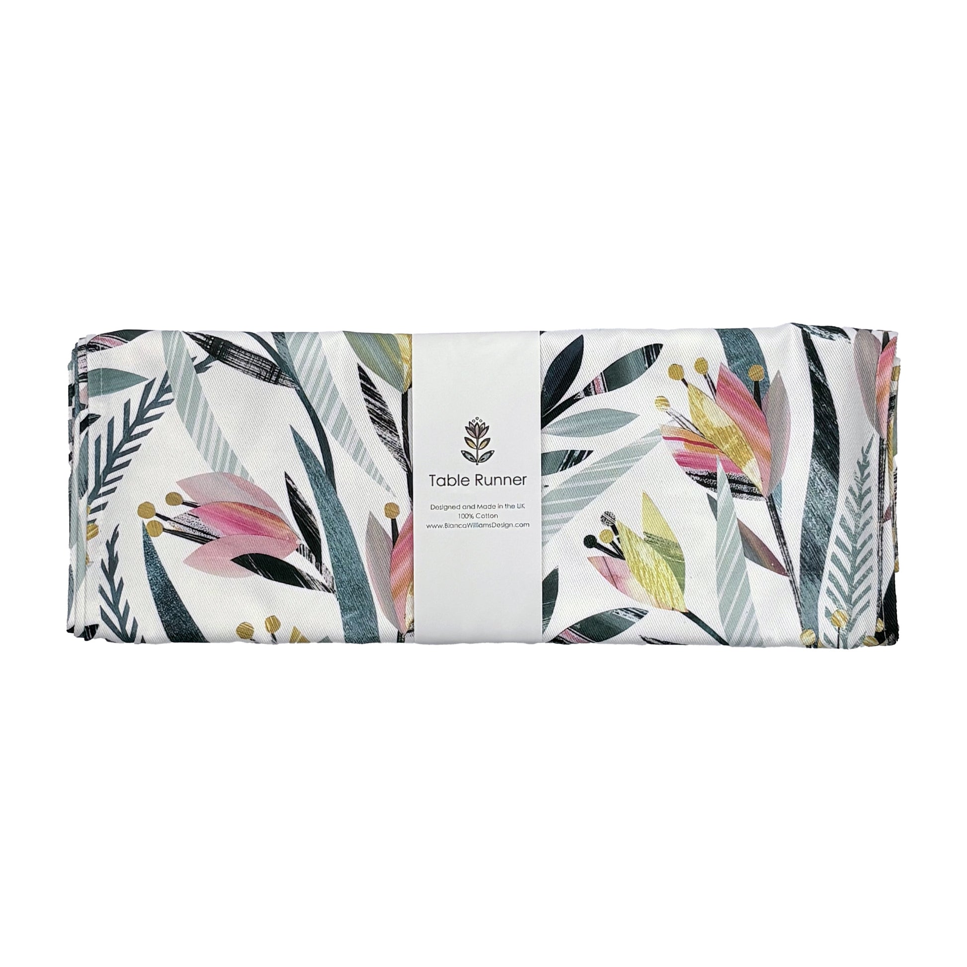Colourful Tulip Floral patterned table runner packaged in a white belly band with brand logo on a white background.