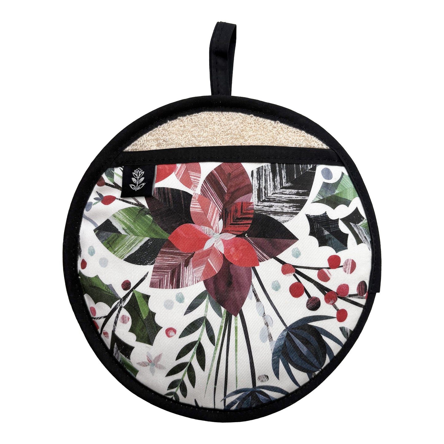 Winter Floral pot grab featuring  Red Poinsettia Flowers and green Holly and fir has been placed on a white background.