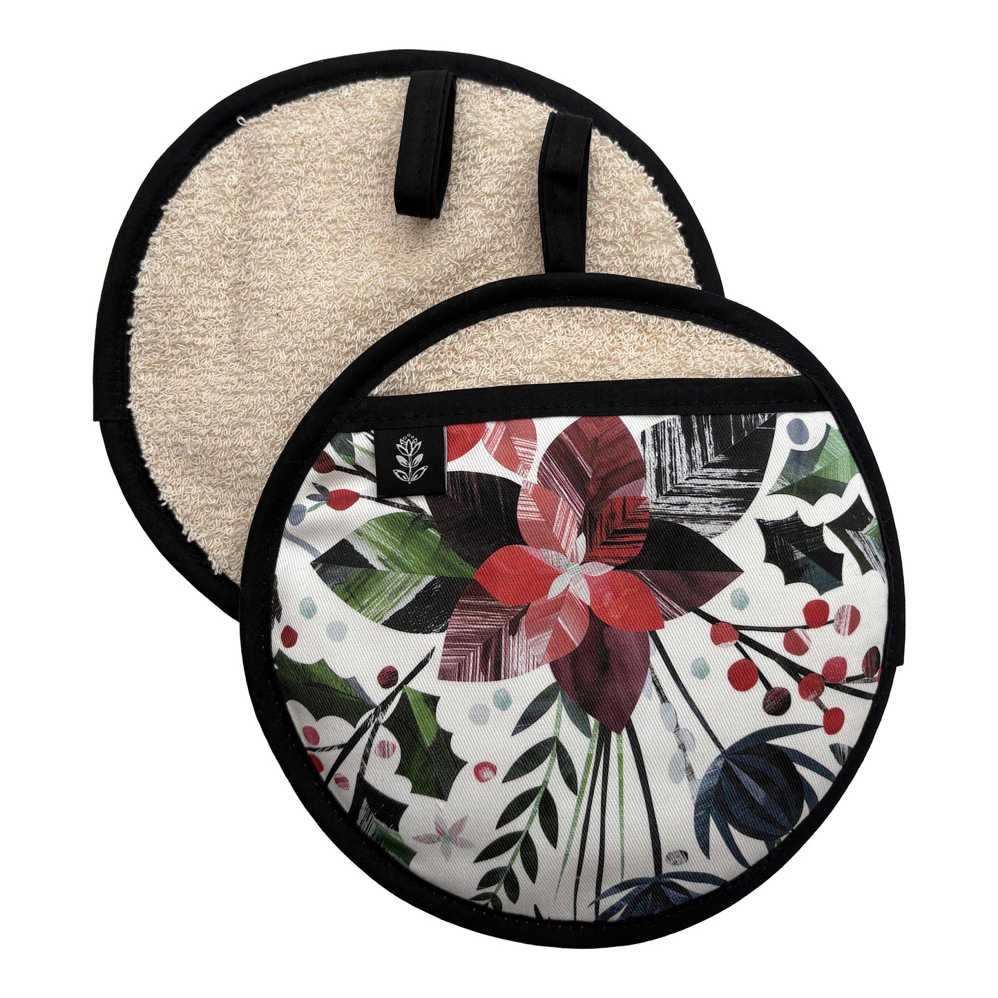 Front and back of a Winter Floral Pot Grab has been placed on a white back ground.  